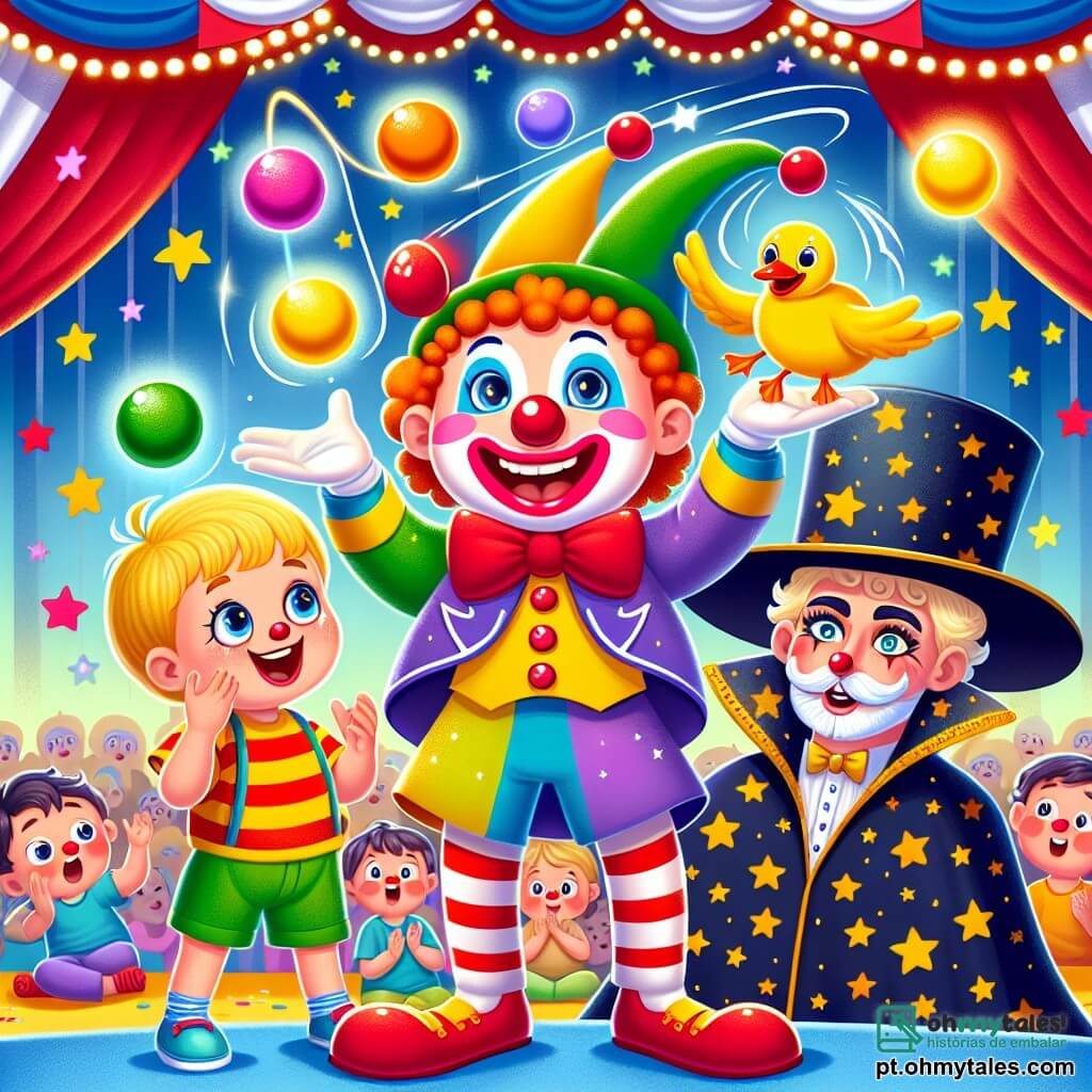 Um palhaço alegre, chamado Pipo, com um grande sorriso, um nariz vermelho e cabelos coloridos, está malabarizando com bolas multicoloridas, seus olhos brilhando de felicidade. Ao seu lado, um mágico misterioso, usando um grande chapéu preto e uma capa estrelada, observa surpreso um pato que apareceu no lugar de um coelho, com as sobrancelhas levantadas e um sorriso divertido no rosto. O circo está decorado com luzes cintilantes e faixas coloridas, com uma grande tenda listrada em vermelho e branco ao fundo, cheia de espectadores maravilhados. Nesta cena, Pipo faz rir Léo, um garotinho de olhos brilhantes e cabelos loiros, que aplaude com entusiasmo, cercado por confetes flutuando no ar.