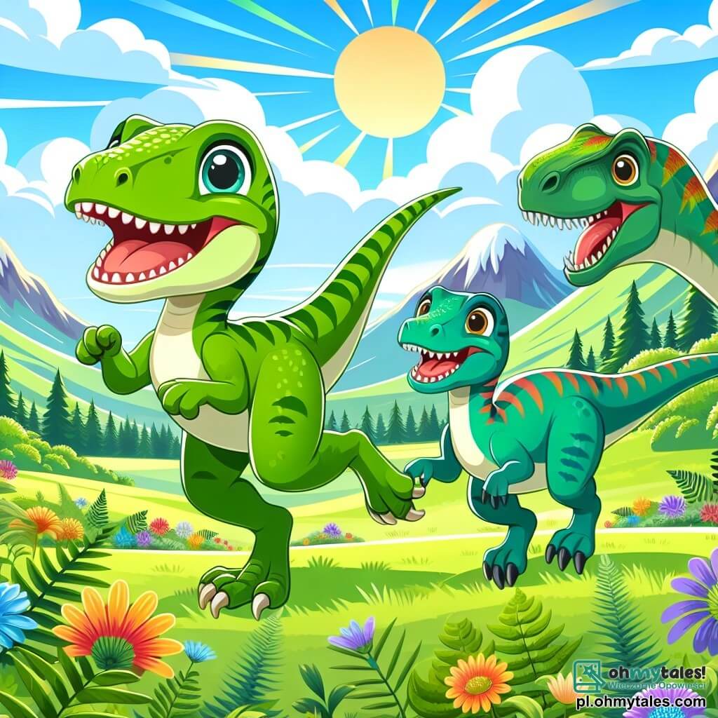 Wesoły welociraptor z jaskrawą zieloną skórą i błyszczącymi oczami biegnie z całych sił w słonecznej dolinie, a jego szeroki uśmiech pokazuje entuzjazm. Obok niego jego mama, duży welociraptor o miękkim i kolorowym upierzeniu, zachęca go czułym spojrzeniem, podczas gdy tata, muskularny welociraptor z ostrymi pazurami, podąża blisko, gotowy bronić rodziny. Scena rozgrywa się w zielonej dolinie, wypełnionej dużymi paprociami, kolorowymi kwiatami i majestatycznymi górami w tle, pod błękitnym niebem usianym puszystymi chmurami. W centrum obrazu Raptor i jego rodzina odkrywają nowego przyjaciela, sympatycznego dinozaura, który się im przedstawia, tworząc moment radości i przyjaźni.