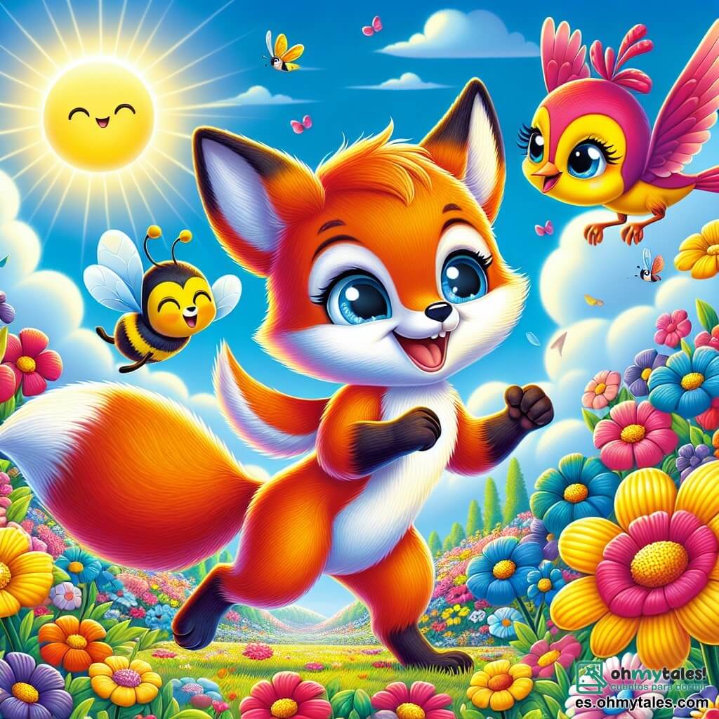Un pequeño zorro llamado Rufi, con un pelaje naranja brillante y ojos llenos de curiosidad, baila alegremente en medio de un campo de flores coloridas, con una amplia sonrisa en su rostro. A su lado, un pájaro de plumas brillantes, rojo y azul, canta alegremente, con sus alas desplegadas, expresando una alegría contagiosa. Un poco más lejos, una abeja sonriente, con rayas amarillas y negras, vuela de flor en flor, añadiendo dinamismo a la escena. El lugar es un magnífico campo primaveral, bañado por la luz dorada del sol, donde flores de todos los colores – rosas, amarillas, violetas – florecen bajo un cielo azul claro salpicado de algunas nubes blancas esponjosas. La situación principal muestra a Rufi y sus amigos celebrando la belleza de la primavera, bailando y jugando juntos, rodeados de la naturaleza vibrante y viva, simbolizando la armonía y la alegría de esta temporada.