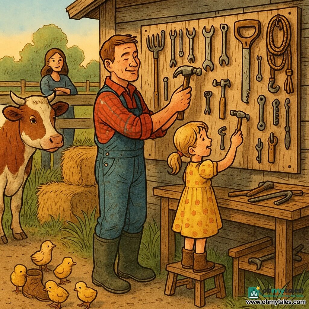A smiling, serene farmer in his forties with a weathered face and short chestnut hair, wearing a red-and-blue plaid shirt, denim overalls and rubber boots, reaches to hang an old shiny hammer on a large wooden tool board; to his right on a small step stands Lily, about eight, blond pigtails and a yellow polka-dot dress, admiringly holding a small hammer she just hung; Sam, a young woman of about 25, leans on a fence in the background watching and smiling; the brown-and-white cow Clover stands leftward calmly turned toward them while five yellow chicks peck in a straw bale in the foreground; the scene is set before a sunlit, weathered wooden shed with a wooden workbench full of tools, a hook board neatly holding rakes, wrenches, saws and ropes, stacked hay bales and tall grass, showing the family farm’s warm, peaceful atmosphere as they gently and orderly hang tools; style: colored ink illustration, clean lines, warm textured colors, soft contrast, composition centered on the tool board and the two human figures.