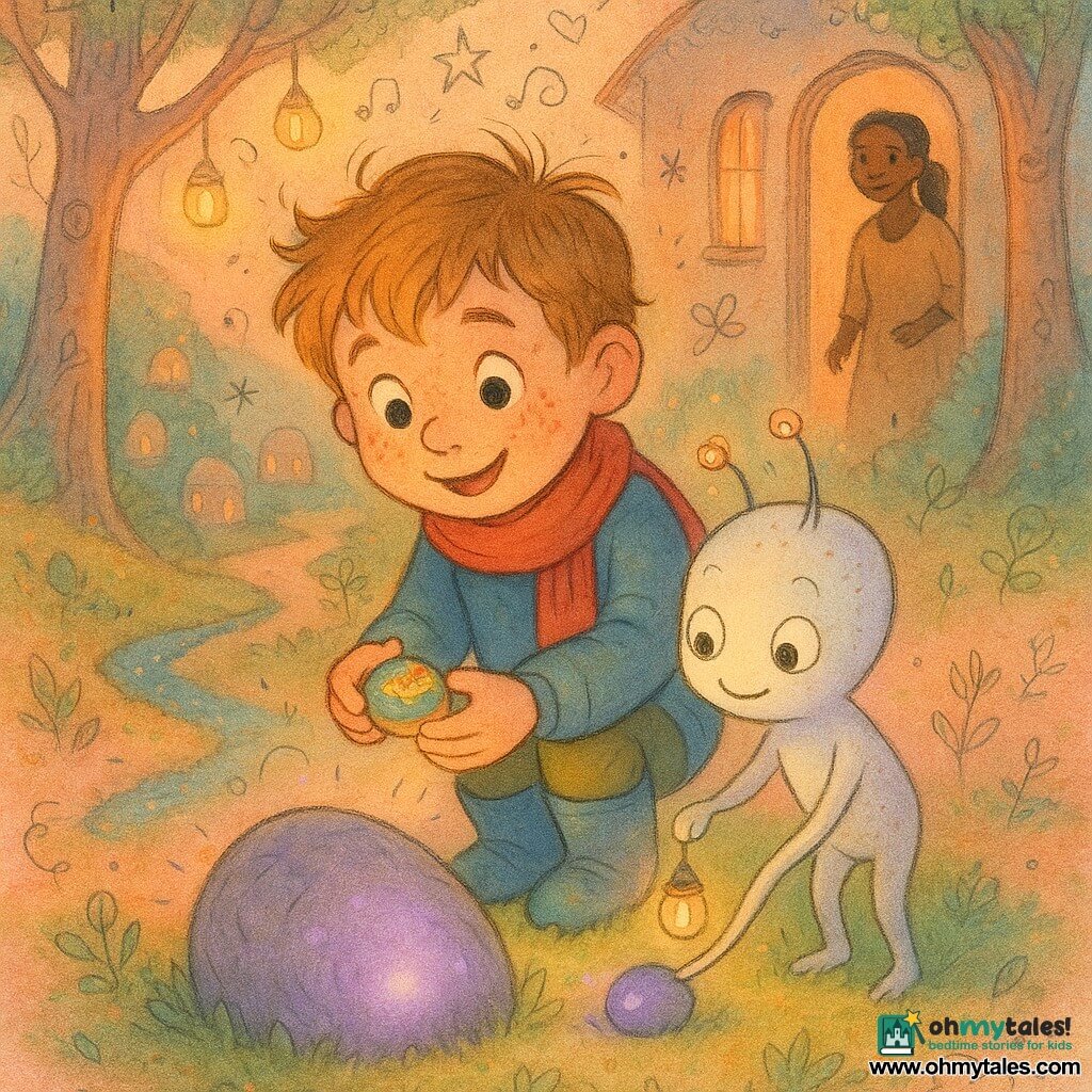 Main character: a 6-year-old boy with a round freckled face, tousled light brown hair, wide bright eyes and a gentle, amazed expression; he wears a red scarf, blue boots and holds a small painted pebble with a smile. Secondary character: a small child-sized Lumen creature with pearly iridescent skin, three round smiling eyes and thin antennae tipped with tiny lanterns, standing beside the boy and touching a smooth stone with a tiny lamp. Secondary human: the mother (about 30), hair tied back, watching from a doorway in the background with a tender smile. Setting: a mossy hill in peach and green tones, soft-trunked trees with glowing lanterns, a sparkling blue moss path and distant small round glass houses. Main situation: the boy and the Lumen place the painted pebble beside a large semi-buried gray stone emitting a soft purple glow; warm pastel colors with playful details like floating light bubbles, musical notes and small star and leaf doodles.