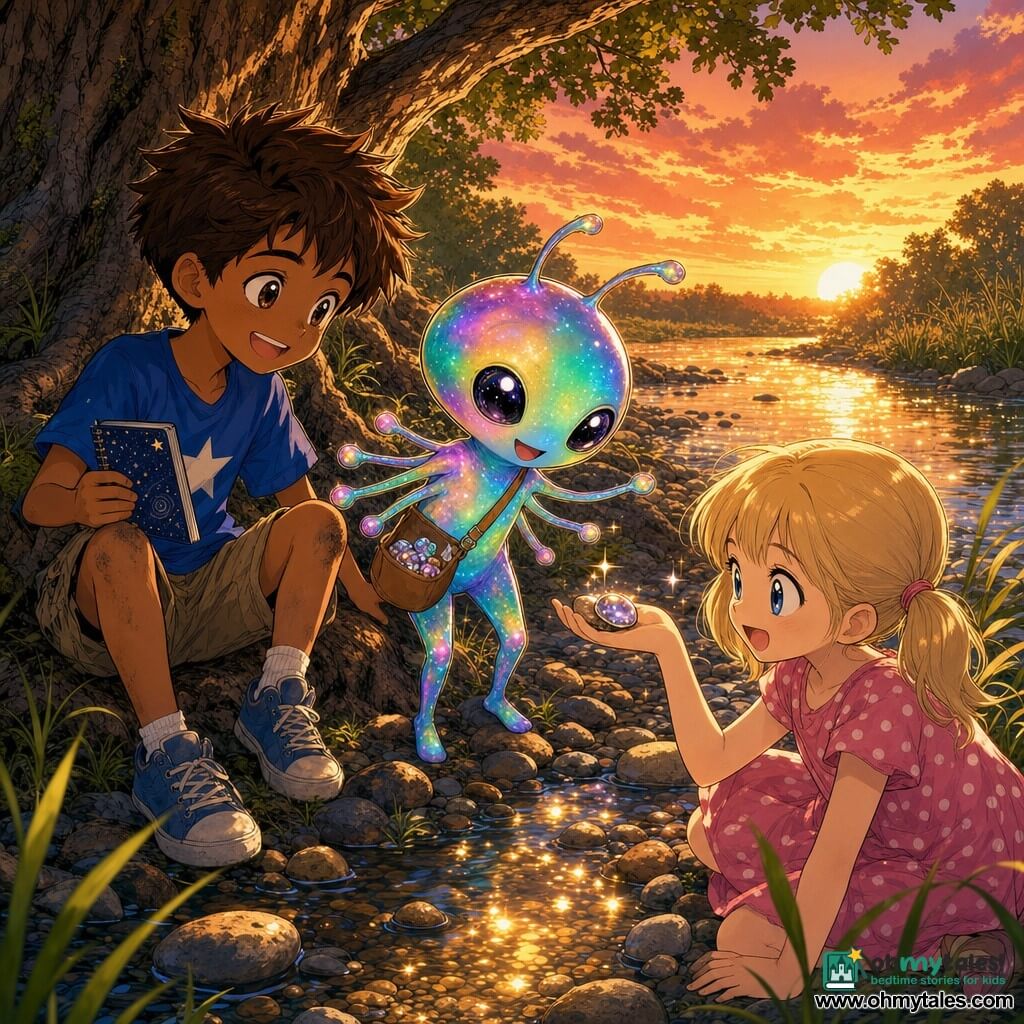 Three friends by a small river at sunset: Max, a roughly 9-year-old boy with tousled brown hair, a blue T‑shirt with a white star and slightly dirty knees, sits left by the big oak trunk holding a starry notebook and smiling; Lily, a roughly 9-year-old girl with blonde pigtails in a pink polka-dot dress, sits right and slightly forward, showing a shiny pebble in her palm and gazing in wonder; Zog, a small friendly rainbow‑hued alien with large black sparkling eyes, eight thin little arms and a small bag of shiny trinkets, stands between them leaning toward the children in a friendly gesture. They examine bright objects found at the water’s edge; clear water reflects golden patches, smooth pebbles and tall grasses, warm sunset light and gentle magical atmosphere with small light glints around the objects.