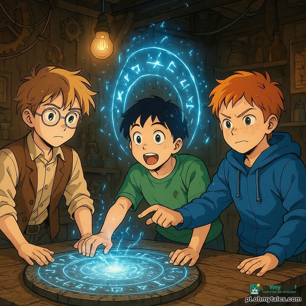 Há três personagens: Guilherme, 10 anos, cabelos castanhos claros despenteados, óculos redondos, camisa de mangas arregaçadas e colete de couro marrom, à esquerda da mesa com as mãos sobre um cristal, olhar concentrado na luz; Miguel, 10 anos, cabelos curtos pretos e olhos arregalados, camiseta verde manchada de óleo, ao centro inclinado para a frente com a mão direita apontando para símbolos gravados no cristal, boca aberta de admiração; Rafael, 10 anos, cabelos ruivos e sardas, casaco com capuz azul, à direita com uma mão no ombro de Miguel e a outra no cristal, rosto determinado. O local é um atelier de alquimia digital em madeira escura com uma mesa central gasta, paredes com engrenagens de latão, prateleiras de frascos coloridos, cabos enrolados e pequenas máquinas fumegantes; iluminação quente de lâmpadas de filamento misturada a um brilho frio azul‑branco vindo do cristal. Situação: os três acabaram de ativar um portal circular de luz acima do cristal na mesa — anel azul e branco, runas flutuantes e faíscas de energia girando — criando uma atmosfera de surpresa e determinação, com forte contraste entre o dourado quente do atelier e o azul gelado do portal.