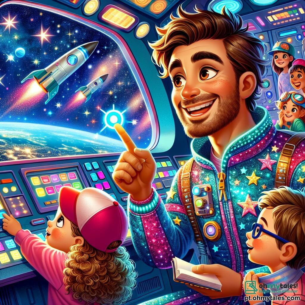 Um homem, o Capitão Léo, sorridente e entusiasmado, veste um traje espacial brilhante com estrelas cintilantes. Ele tem cabelos castanhos e olhos cheios de alegria, segurando um grande botão azul na mão. Ao seu lado, três crianças: uma menina de 6 anos com cabelos cacheados e uma camiseta rosa, que olha com admiração pela janela; um menino de 5 anos com um boné vermelho, que aponta para uma estrela brilhante; e outro menino de 7 anos com óculos, que faz anotações em um pequeno caderno. Eles estão todos na cabine de uma nave espacial futurista, cercados por painéis luminosos e controles coloridos. Do lado de fora, uma paisagem espacial espetacular com planetas de cores vivas e estrelas cintilantes. A cena principal mostra o momento em que o Capitão Léo explica às crianças como decolar a nave, cheios de empolgação e expectativa para sua viagem ao espaço.