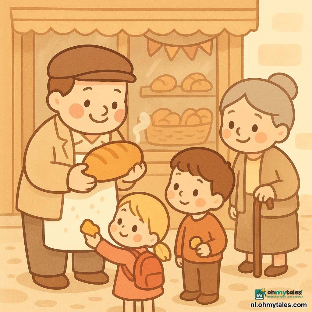 Een vriendelijke, glimlachende bakkerman met beige jas, witte met meel bevlekte schort en bruine pet houdt een nog dampende goudbruine bol brood vast; links van hem staat een ongeveer 5-jarig blond meisje met staartjes en een rood rugzakje dat een stukje brood krijgt, rechts een nieuwsgierige ongeveer 8-jarige jongen met kort bruin haar die een muntje vasthoudt, achter hen een lachende oudere vrouw met grijs haar in een knot en een stok die aan een klein broodje ruikt; locatie: kasseistraat bij zonsopgang voor een lichte houten bakkerijkraam met vlaggetjes en rieten manden vol brood en croissants, zachte stoom boven de broden, warme kleuren en goudachtig ochtendlicht, knapperige korst en kruimstructuur zichtbaar.