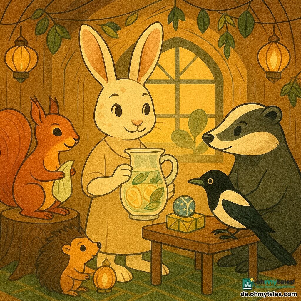 Momo, ein junger anthropomorpher Hase mit langen weichen Ohren und creme-sandigem Fell, hält eine große Glaskaraffe mit Zitronenwasser und Minzblättern und steht aufmerksam in der Mitte, links sitzt Laila, ein schlankes, lebhaftes Eichhörnchen mit glänzendem rostigem Fell auf einem Baumstumpf und lächelt mit Servietten aus Blättern, rechts sitzt Brumm, ein ruhiger, rundlicher Dachs mit dunkelgrauem Fell und weißer Nasenstreak, bei einem Holztisch mit gütigem Blick zur Karaffe, Zaza, eine elegante junge Elster mit schwarz-weißem Gefieder, sitzt am Tischrand und hält eine kleine blaue Kugel, Piks, ein schüchterner Igel mit braunen Stacheln, kauert bei der Türschwelle und hält eine kleine Laterne aus einer goldenen Nuss; Schauplatz: gemütliche Waldbauhöhle mit hellen Holzwänden, Moosteppich, Schalendis-Laternen und Blattgirlanden, dämmriges Fensterlicht; Hauptsituation: Freunde versammeln sich zum Iftar des Ramadans um einen niedrigen Tisch, tauschen dekorierte Essenspakete, Karaffe richtet sich zu den Gläsern, friedliche, verbindliche Atmosphäre in warmen Honig-, Minz- und Holztönen mit dezenten geometrischen Art-déco-Mustern.