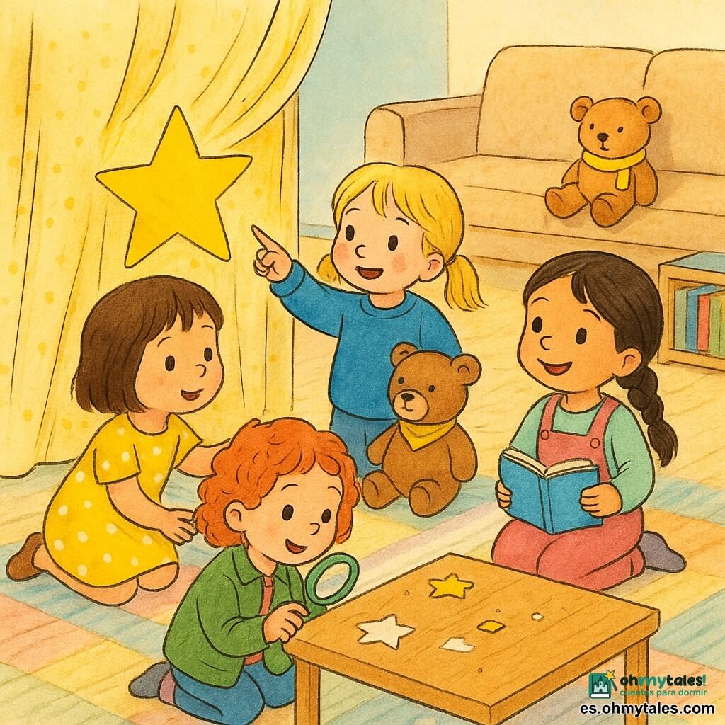 Cuatro niñas de 3 años investigan alegremente en una sala de juegos luminosa: Ana, morena de cabello corto, de rodillas junto a la cortina señalando una gran estrella adhesiva amarilla pegada en un pañuelo; Berta, rubia con coletas y suéter azul, de pie junto a un osito de peluche señalando la escena; Carla, pelirroja con rizos y chaqueta verde, con una lupa mirando una pequeña mancha de pegamento en la mesa baja; y Dora, de trenza y peto rosa, sentada en la alfombra con un cuaderno y lápiz, sonriendo a Ana; ambiente sereno y alegre, luz suave, colores vivos pero paleta dulce, texturas visibles (lana del pañuelo, peluche, adhesivo brillante).