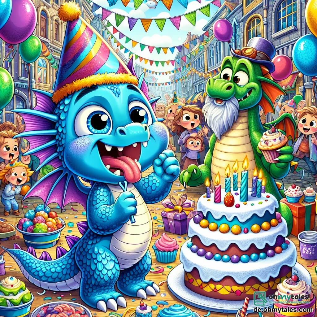 Ein kleiner blauer Drache mit großen runden Augen und schimmernden Schuppen steht auf seinen Hinterbeinen, ein breites Lächeln im Gesicht, hält einen bunten Hut in einer Klaue und ein riesiges Stück Kuchen in der anderen. Er ist voller Freude und Aufregung, bereit, den Vatertag zu feiern. Neben ihm schaut ein alter grüner Drache mit abgenutzten Schuppen und grauem Bart stolz und zärtlich auf seinen Sohn, ein warmes Lächeln erhellt sein Gesicht. Er steht etwas im Hintergrund und bewundert die Vorbereitungen für das Fest. Die Szene spielt sich im Herzen einer lebhaften Stadt ab, wo bunte Ballons in der Luft schweben, Girlanden die Bäume schmücken und Tische mit süßen Leckereien gefüllt sind. Kinder spielen herum und Lachen hallt durch die Luft. Der kleine Drache organisiert eine große Feier für seinen Papa mit strahlenden Dekorationen und einem köstlichen Kuchen, während sich andere Drachen und Stadtbewohner um sie versammeln, um diesen besonderen Moment zu feiern.