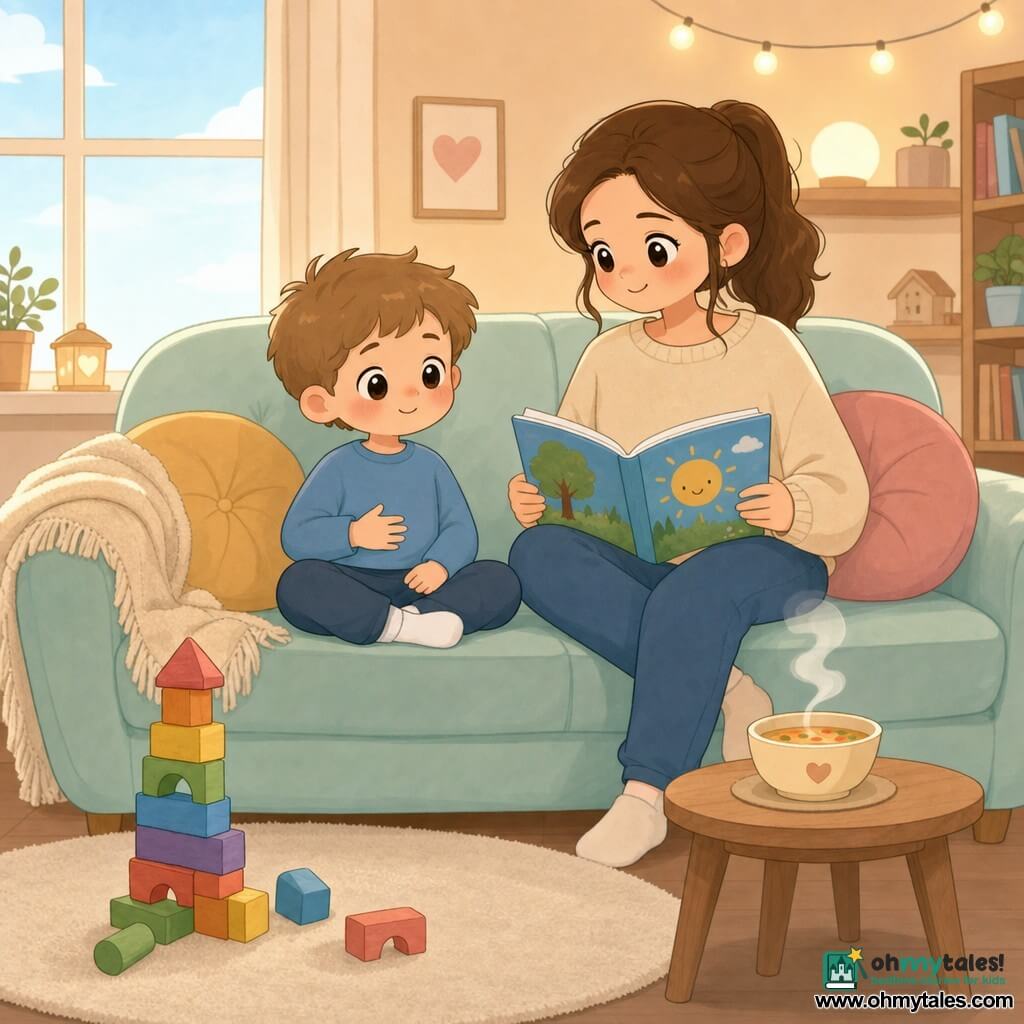 A 4-year-old boy with big bright eyes, a slightly red nose and a gentle smile has his hand on his belly doing slow calm "magic breathing"; his mother, about 30, with brown hair in a ponytail and a tender gaze, sits on the pastel sofa reading a colorful book softly; a steaming bowl of soup sits on a small wooden table with gentle curling steam, colorful wooden blocks form a toppled tower on the rug; the warm living room has a soft throw, round cushions, dim yellow lights and a large window showing a pale blue sky — a cozy, comforting moment with tender colors and simple shapes.