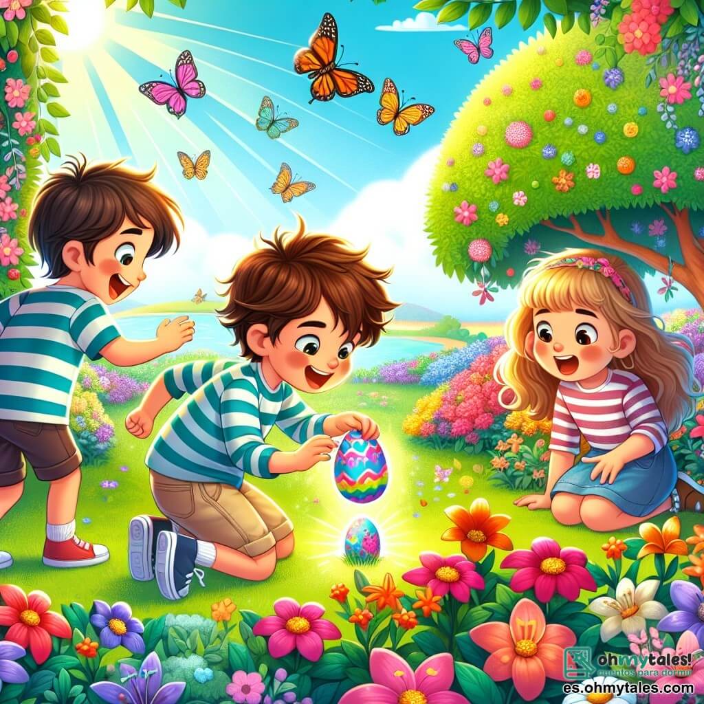 Un niño de 8 años, Lucas, con cabello castaño desordenado y una gran sonrisa, está agachado en un jardín colorido, buscando un huevo de Pascua escondido bajo un arbusto florecido. Lleva una camiseta a rayas azules y pantalones cortos beige, con los ojos brillando de emoción. A su lado, su mejor amiga Sofía, una niña de 7 años con cabello largo y rubio, está de pie con las manos en las caderas, observando atentamente un pequeño árbol, con una expresión de curiosidad en su rostro. Un poco más lejos, Mateo, un niño de 8 años con gafas y cabello castaño, está hurgando en una maceta, luciendo concentrado. El jardín está lleno de flores coloridas, mariposas revoloteando y un gran árbol con follaje verde, creando una atmósfera alegre y primaveral. Al fondo, se ve un pequeño estanque que brilla bajo el sol. La escena principal muestra a Lucas descubriendo un huevo de Pascua brillante, decorado con colores vivos, que parece rodar suavemente hacia él, mientras sus amigos lo animan con sonrisas entusiastas.