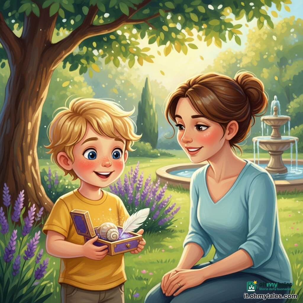 Un bambino di 4 anni, felice e meravigliato, capelli biondi soffici, grandi occhi azzurro-mirtillo e guance rosate, tiene una piccola scatola viola e oro aperta e guarda gli oggetti scintillanti all'interno; la madre, circa 30–35 anni, sorriso tenero e capelli castani raccolti, è inginocchiata sull'erba a destra e lo osserva con orgoglio; il giardino soleggiato mostra erba verde, un cespuglio di lavanda vicino al bambino e una fontana sullo sfondo; nella scatola si vedono una conchiglia madreperlacea, una piuma bianca soffice e una polvere scintillante, luce solare filtrata tra le foglie, colori vivaci e texture spesse tipiche della pittura acrilica.