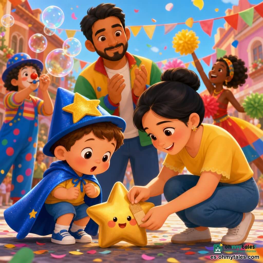 Un niño de 2 años de rostro redondo, mejillas sonrosadas, pelo castaño corto y ojos brillantes, lleva una capa azul brillante y un sombrero con una gran estrella dorada; mira la estrella caída en el suelo con expresión sorprendida y tierna mientras su madre (unos 30 años, cabello negro recogido, piel clara) agacha junto a él y pega la estrella con una tirita dorada, y el padre (unos 32 años, barba ligera, piel morena) detrás aplaude con mirada afectuosa; al fondo una calle de carnaval soleada con banderines rojos, amarillos y verdes, guirnaldas y confeti flotando, un payaso sopla grandes burbujas y una mujer lanza pompones, la composición centra en la familia, colores vivos, texturas suaves y luz cálida de mañana que crea una atmósfera alegre y segura.