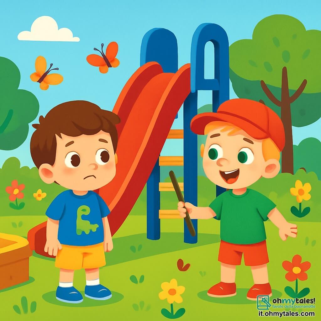 Ci sono 2 personaggi principali: Leo, un bambino di 3 anni con capelli castani e occhi vivaci, indossa una maglietta blu con un disegno di dinosauro e pantaloni corti gialli, e Samu, un bambino di 3 anni con capelli biondi e occhi verdi, che indossa un berretto rosso e una maglietta verde. Si trovano in un parco soleggiato, circondati da fiori colorati e alberi verdi. Leo, un po' nervoso, guarda il grande scivolo rosso mentre Samu, sorridente, lo incoraggia a provare. L'atmosfera è gioiosa, piena di risate e colori, evidenziando l'importanza della fiducia in sé.
