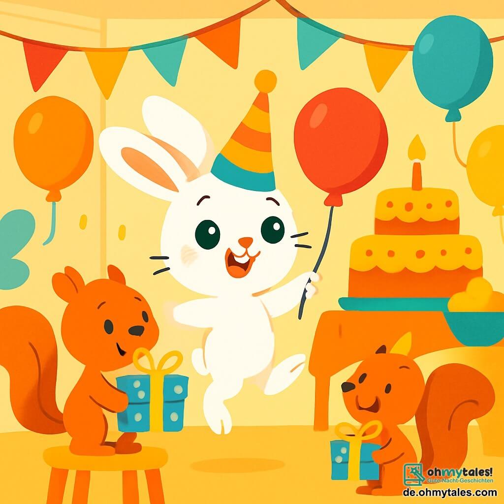 Lili, ein kleiner Hase mit großen Ohren und weichem, weißem Fell, springt fröhlich in einem für ihren Geburtstag dekorierten Raum, mit funkelnden Augen vor Glück. Sie trägt einen bunten, spitzen Hut und hält einen roten Ballon in ihren Pfoten. Neben ihr steht ihr Freund Max, ein fröhliches Eichhörnchen mit einem buschigen Schwanz und schelmischen Augen, der lächelt und ein in glänzendes Papier eingewickeltes Geschenk hält. Der Raum ist mit bunten Ballons, glitzernden Girlanden und einem großen Tisch voller Kuchen und Leckereien gefüllt. Die Hauptsituation zeigt Lili, die die Überraschung ihres Geburtstags entdeckt, umgeben von strahlenden Dekorationen und einer festlichen Atmosphäre, bereit zu feiern.