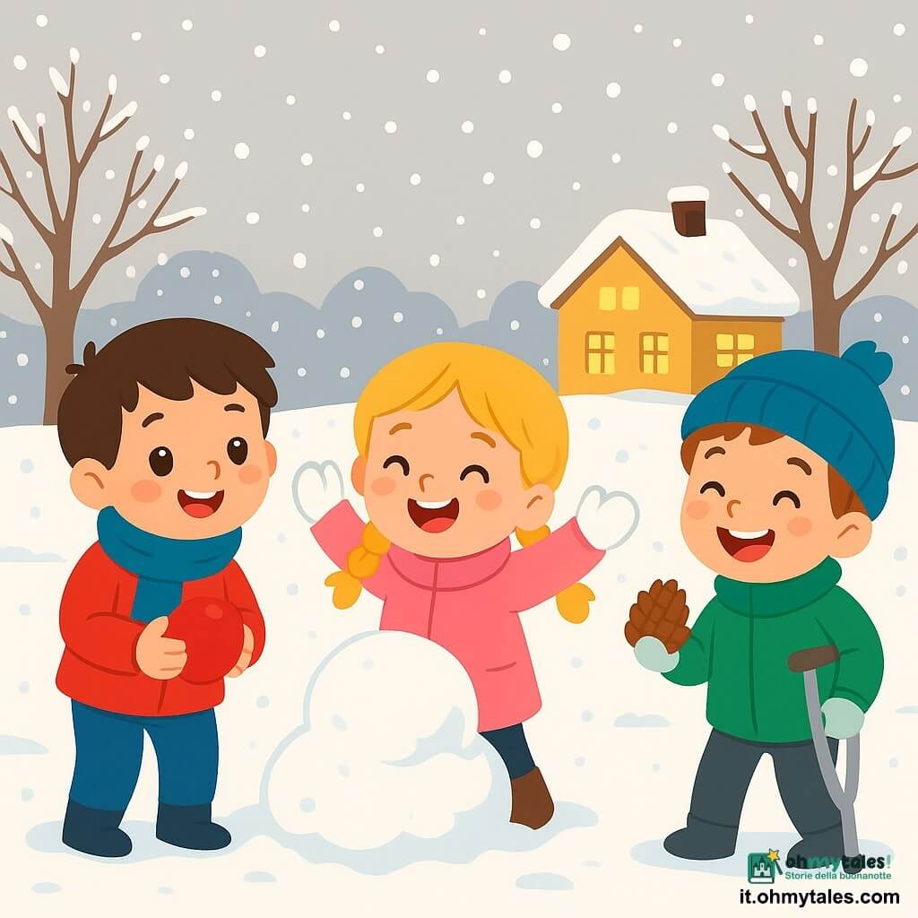 Ci sono 3 personaggi: Marco, un bambino di 4 anni con capelli castani e occhi vivaci, indossa un cappotto rosso vivo e una sciarpa blu, è a sinistra sorridente con una pallina rossa in mano; Lina, una bambina di 4 anni con capelli biondi intrecciati e guance rosate, indossa un cappotto rosa e guanti bianchi, è al centro mentre costruisce una piccola montagnola di neve, con le braccia alzate; Tommaso, un bambino di 4 anni con capelli castani e una stampella, indossa un cappotto verde e un berretto blu, è a destra ridendo e guardando i suoi amici, mentre tiene una pigna in mano. Il luogo è un giardino d'inverno coperto da uno spesso strato di neve scintillante sotto un cielo grigio chiaro, con alberi spogli e una casa accogliente sullo sfondo. I tre amici giocano nella neve, l'atmosfera è gioiosa e vivace con fiocchi di neve che cadono dolcemente intorno a loro.