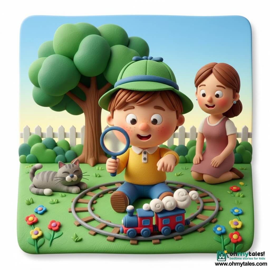 A 4-year-old boy with a round face, tousled light-brown hair, freckles, bright eyes and a curious proud smile wears a green felt detective hat and holds a plastic magnifying glass while pointing at a small red-and-blue toy train running on circular tracks. A gray striped cat named Whiskers lies relaxed in the sun to the boy’s left. The mother, about 30–35, with tied brown hair and a simple dress, stands in the background right, smiling and leaning forward with hands on her knees. Daytime garden with textured green grass, scattered red, yellow and blue flowers, a large leafy tree and a small white fence. The scene captures the discovery moment: the toy train emits stylized white puffs of steam, joyful warm atmosphere, bright colors, soft rounded shapes and gentle late-morning light.