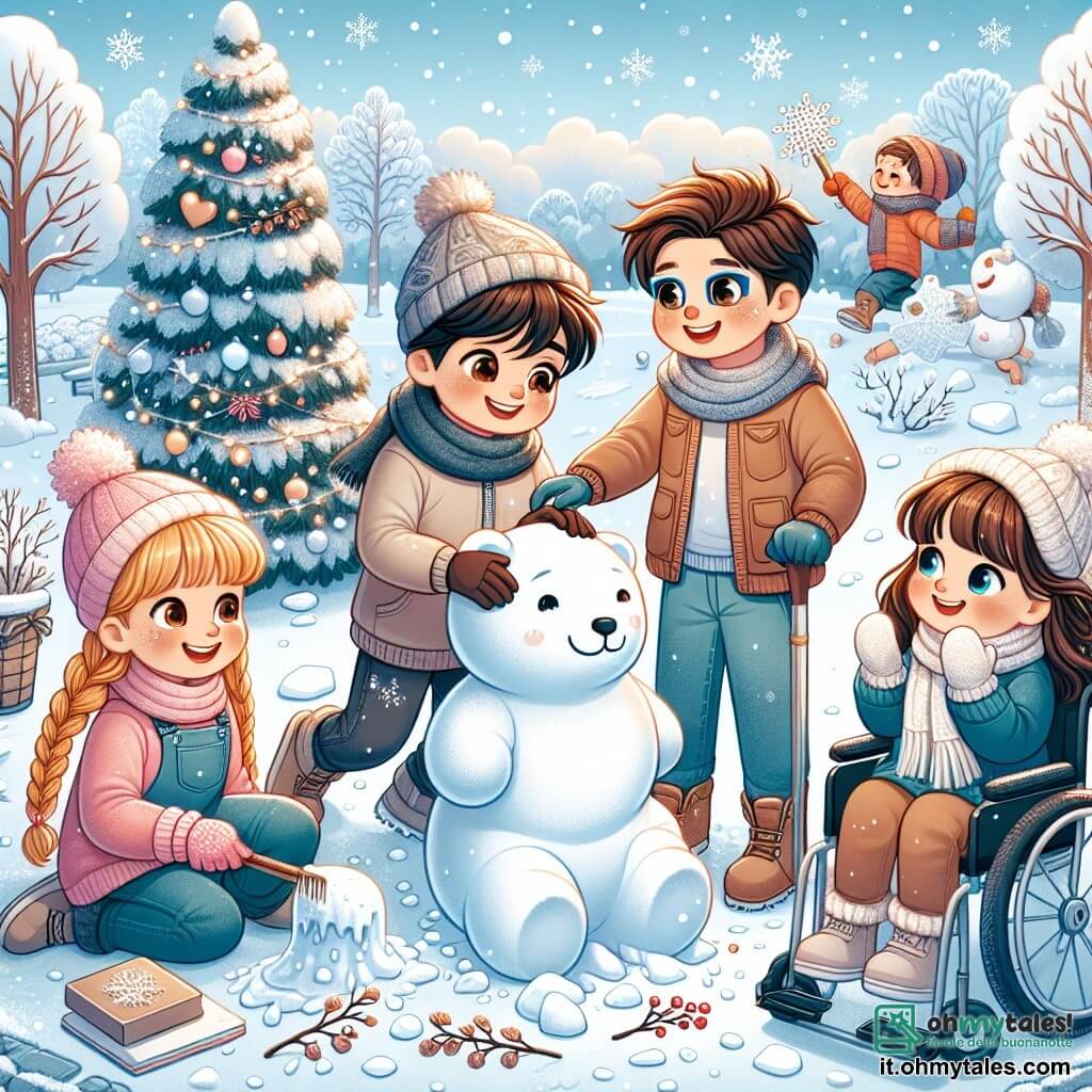 In un parco invernale, quattro bambini si divertono a creare sculture di neve. Luca, un ragazzo di 10 anni con capelli castani e occhi vivaci, modella un orso di neve, concentrato e sorridente. Accanto a lui, Sara, una ragazza di 9 anni con capelli dorati e trecce, lancia palle di neve in aria, ridendo di gioia. Marco, un ragazzo di 10 anni con capelli bruni e occhiali, osserva la scena con un taccuino in mano, pronto a disegnare le loro creazioni. Infine, Chiara, una ragazza di 9 anni con capelli bruni e occhi brillanti, è seduta sulla sua sedia a rotelle, tenendo rami e bacche per decorare le sculture, con un sorriso incoraggiante. Il parco è coperto da uno spesso strato di neve scintillante, con alberi carichi di fiocchi e un cielo azzurro punteggiato di nuvole bianche. Fiocchi di neve cadono dolcemente, aggiungendo un tocco magico alla scena. I bambini, uniti dalla loro creatività, lavorano insieme per dare vita alle loro sculture di neve, condividendo risate e idee in un'atmosfera gioiosa e calorosa.