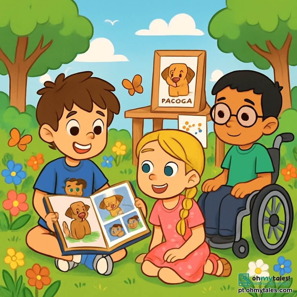 Há 3 personagens: - Miguel: um garoto de 10 anos, com cabelos castanhos bagunçados e olhos castanhos brilhantes. Ele usa uma camiseta azul com um desenho de cachorro e um short bege. Está sentado na grama, segurando um álbum de recordações. - Luísa: uma garota de 10 anos, com longos cabelos loiros trançados e olhos verdes brilhantes. Ela usa um vestido rosa com flores e sandálias. Está ao lado de Miguel, sorrindo, pronta para compartilhar uma história. - Pedro: um garoto de 10 anos, com cabelos curtos e pretos e óculos redondos. Ele está em uma cadeira de rodas, vestindo uma camiseta verde e calças pretas. Está um pouco atrás, observando atentamente o álbum de recordações que Miguel segura. O local é um jardim ensolarado, cheio de flores coloridas e grandes árvores verdes. Há uma pequena mesa decorada com fotos de cães e desenhos de crianças. O céu é azul com algumas nuvens brancas, e borboletas voam ao redor das flores. A situação principal mostra Miguel, Luísa e Pedro reunidos para uma cerimônia emotiva em memória de Paçoca, o cachorro de Miguel. Eles compartilham lembranças alegres enquanto olham o álbum cheio de desenhos e fotos, criando uma atmosfera de ternura e celebração da vida.