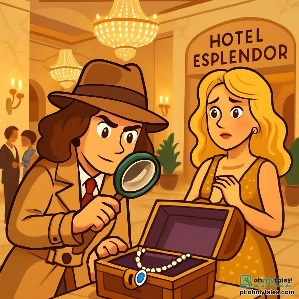 Uma detetive particular, Clara Soares, é uma mulher de cerca de trinta anos, com cabelos castanhos ondulados e olhos vivos, vestindo um trench coat bege e um chapéu de feltro. Ela tem uma expressão determinada e curiosa, examinando atentamente um cofre aberto com uma lupa na mão. Ao lado dela, Greta Lemos, uma famosa atriz de cerca de 40 anos, tem cabelos loiros brilhantes e usa um vestido elegante e cintilante. Ela observa Clara com uma mistura de esperança e preocupação, as mãos cruzadas sobre o peito. Ao fundo, o saguão do luxuoso Hotel Esplendor é decorado com lustres de cristal, paredes de mármore e convidados elegantes conversando. A cena principal mostra Clara resolvendo o mistério do roubo da joalheria preciosa, cercada por uma atmosfera de suspense e excitação.