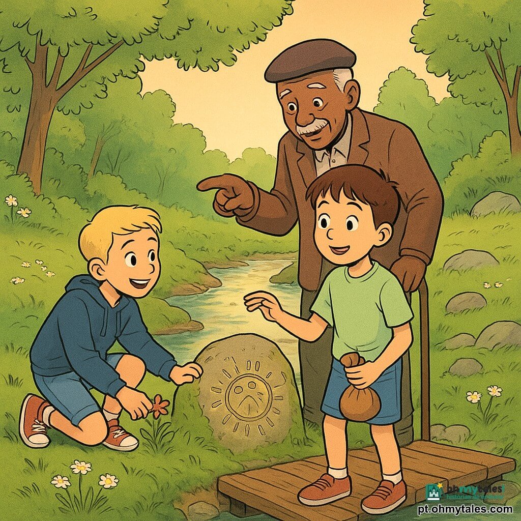 Há três personagens: um menino de cerca de 10 anos, cabelos castanhos curtos, camiseta verde-claro e short jeans, no centro da pequena passarela de madeira, olhando maravilhado para uma pedra gravada e segurando um saco de sementes; outro menino de cerca de 10 anos, cabelos loiros curtos, moletom azul e tênis vermelhos, agachado na margem esquerda plantando uma flor e sorrindo, estendendo a mão para o amigo; e um avô de cerca de 70 anos, cabelos grisalhos e bigode fino, jaqueta de lã marrom e boina, atrás dos meninos apoiado numa bengala, apontando a pedra gravada com olhar benevolente. O cenário é um riacho límpido atravessado por uma passarela estreita coberta de musgo e flores silvestres, margens herbosas com margaridas, árvores altas de folhas verde-claras e pedras com líquens, luz suave do fim de tarde refletindo dourada na água. A cena mostra-os descobrindo juntos a grande pedra gravada na margem, em clima caloroso e cooperativo, com gestos de cuidado e partilha; composição centrada na passarela e na pedra, cores em tons pastel e traços suaves.