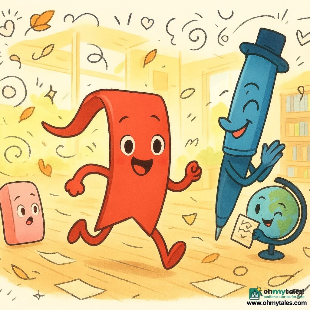 The main character is a small red bookmark with a bright ribbon, wide smile and shiny round eyes, running with the ribbon streaming behind in a dynamic pose; Penelope Pen is a blue fountain pen with a mischievous expression and a slightly askew ink cap, clapping at the side of the track while holding a scribbled sheet; Gigi the Globe is a tiny anthropomorphic globe winking playfully and rolling behind Penelope, showing a small unrolled map; Elmer Eraser is a plump pink eraser, out of breath with a startled smile, near an entrance where wind has lifted papers; the setting is a bright media library atrium with warm wooden floors, large windows letting in golden rays and low shelves of colorful books in the background, paper confetti drifting; the scene depicts a joyful race of little bookmark-objects on an improvised track amid flying papers, twirling ribbons and doodle-like laughter motifs.