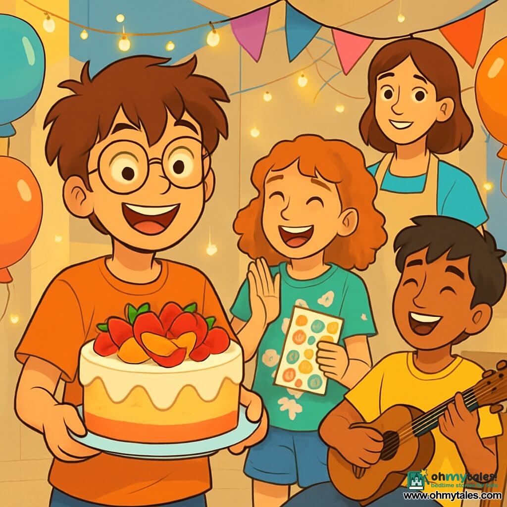 A 12-year-old boy with messy brown hair and round glasses smiles joyfully while holding a colorful fruit cake decorated with strawberries and peaches in a room filled with twinkling lights. Next to him, an 11-year-old girl with curly hair and a unicorn-patterned t-shirt enthusiastically claps while holding a sheet of stickers. A 12-year-old boy with black hair and a dark complexion sits on a chair playing the ukulele with a big smile, while a woman in her thirties with brown hair and an apron proudly watches the scene, surrounded by colorful garlands. The room is decorated with multicolored balloons and string lights, creating a festive and warm atmosphere. The main situation shows the boy celebrating his birthday with friends, surrounded by laughter and joy as they sing together and prepare to enjoy the cake.
