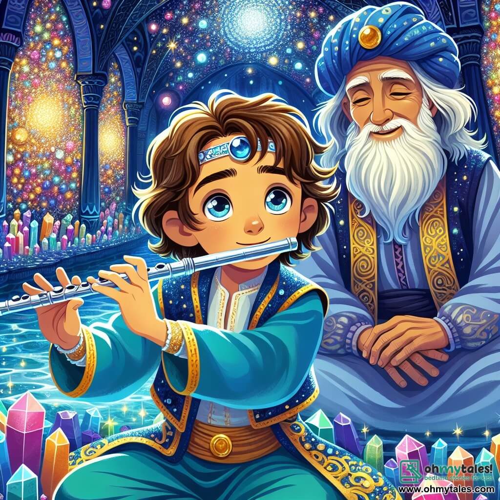 A young man named Amir, with sparkling curious eyes and wavy brown hair, stands at the center of the scene, playing a silver flute with a look of wonder on his face. Next to him, Zahir, an elderly man with a long white beard and wise eyes, watches with a benevolent smile, dressed in an indigo robe adorned with golden patterns, arms crossed, admiring the magic emanating from the music. They are in the beautiful alcove of the Whispering Cave, where the walls shimmer with multicolored crystals and a starry ceiling seems to dance to the rhythm of the melody. In the center, a basin of crystal-clear water reflects the shimmering lights, creating an enchanted atmosphere. The main scene shows Amir playing the flute, filling the air with magical notes, while bursts of light dance around him, revealing visions of forgotten tales and dreams encased in the water.