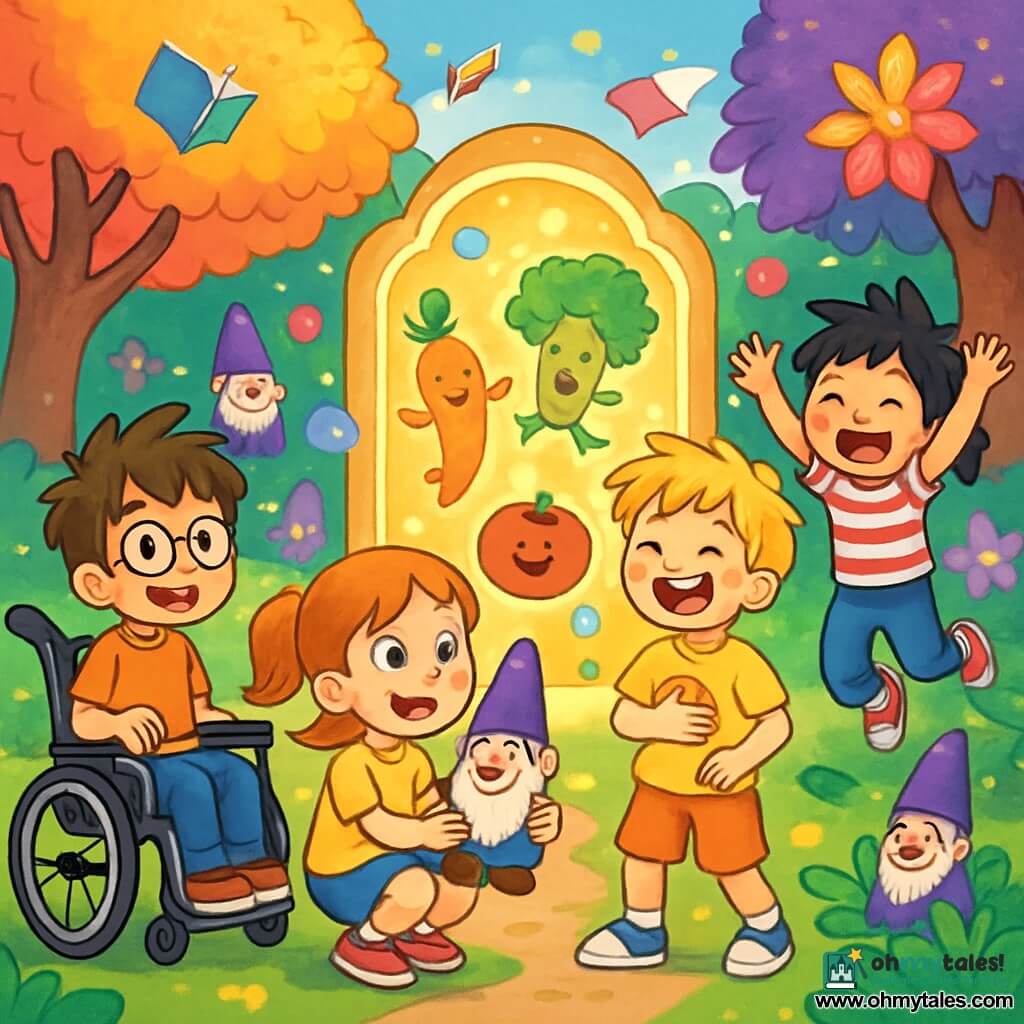 There are 4 children: Sam, a 10-year-old boy with messy brown hair and round glasses, sitting in his wheelchair with a big smile, observing others; Lily, a 9-year-old girl with freckles and red hair in pigtails, crouched down holding a garden gnome with a purple hat, her eyes sparkling with excitement; Max, a 10-year-old boy with messy blonde hair and a pizza graphic t-shirt, standing with one hand on his belly, laughing joyfully surrounded by colorful candies; and Jo, an 8-year-old girl with spiky black hair and a striped t-shirt, jumping for joy with her arms raised and a big smile. The children are in a magical park with brightly colored trees, giant flowers with sparkling petals dancing in the wind, and flying books adding a whimsical touch. In the distance, a garden gnome with a purple hat seems to watch them curiously. The main scene shows the children discovering a magical portal shining brightly, surrounded by colorful bubbles, all amazed and ready to enter a fantastic world filled with dancing vegetables and fun creatures.