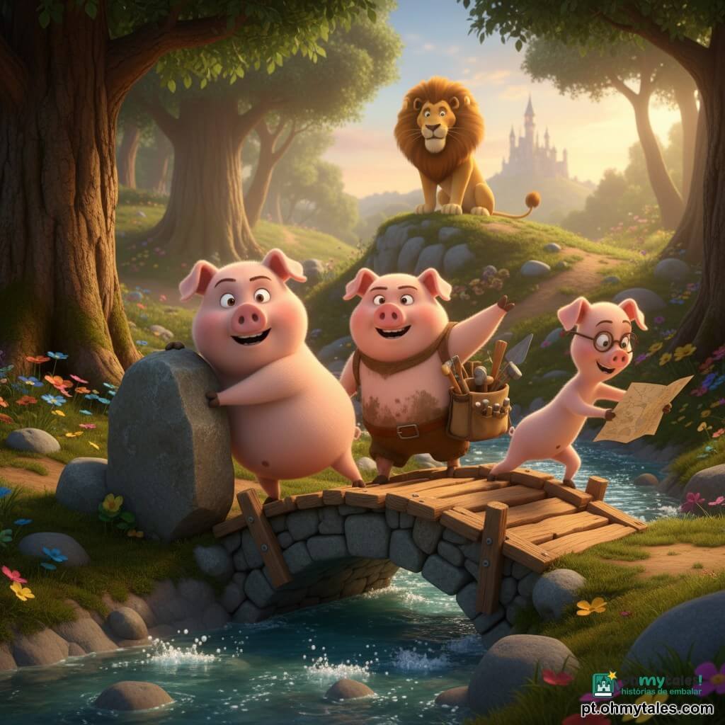 Personagens: três porquinhos meninos — o protagonista, rosto redondo e bochechudo, pelagem rosa, olhos grandes e expressão corajosa, empurra uma pedra pesada para ajudar a construir uma pequena ponte; o segundo, mais atarracado e com pelagem manchada de lama, sorri e segura um saco de ferramentas atrás do primeiro; o terceiro, magro e ágil, usa óculos redondos e consulta um mapa apontando para o castelo. Personagem secundário importante: o Rei Leão, macho de crina dourada, olhar sábio, sentado num trono de pedra no alto de uma colina, observando com benevolência. Local: clareira iluminada com chão de musgo, árvores antigas, flores e um riacho claro, ponte inacabada de pedra e madeira em primeiro plano. Situação: os três porquinhos trabalham juntos para terminar a ponte, composição diagonal, luz quente do fim da tarde, cores vivas e texturas táteis.