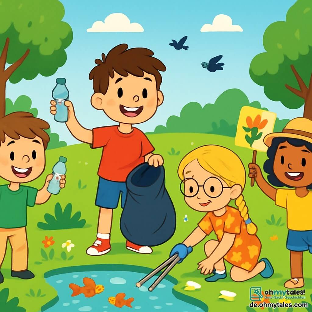 Es gibt 4 Kinder: Max, ein 10-jähriger Junge mit zerzausten braunen Haaren und einem großen Lächeln, trägt ein rotes T-Shirt und eine blaue Shorts und steht in der Mitte mit einem großen Müllsack. Emma, ein 9-jähriges Mädchen mit langen, geflochtenen blonden Haaren und runden Brillen, trägt ein Blumenkleid und hockt sich, um mit einer Zange einen Müll aufzuheben. Leo, ein 10-jähriger Junge mit kastanienbraunen Haaren und Sommersprossen, trägt ein grünes T-Shirt und eine beigen Hose, steht links und zeigt auf eine Plastikflasche, die er gefunden hat. Mia, ein 9-jähriges Mädchen mit lockigem schwarzen Haar und einem Strohhut, trägt ein gelbes T-Shirt und eine Jeansshorts, steht rechts, lächelt und hält ein buntes Schild mit der Aufschrift "Hände hoch für die Natur!". Die Hauptszene spielt in einem grünen Park mit einem kleinen Teich in der Mitte, umgeben von bunten Blumen, majestätischen Bäumen und Büschen. Der Himmel ist blau mit einigen weißen Wolken und Vögel fliegen fröhlich darüber. Die Kinder reinigen den Teich, sammeln Müll, lächeln und lachen, während sie die Fische im klaren Wasser bewundern. Die Atmosphäre ist fröhlich und energiegeladen und zeigt die Wichtigkeit, die Natur zu schützen.