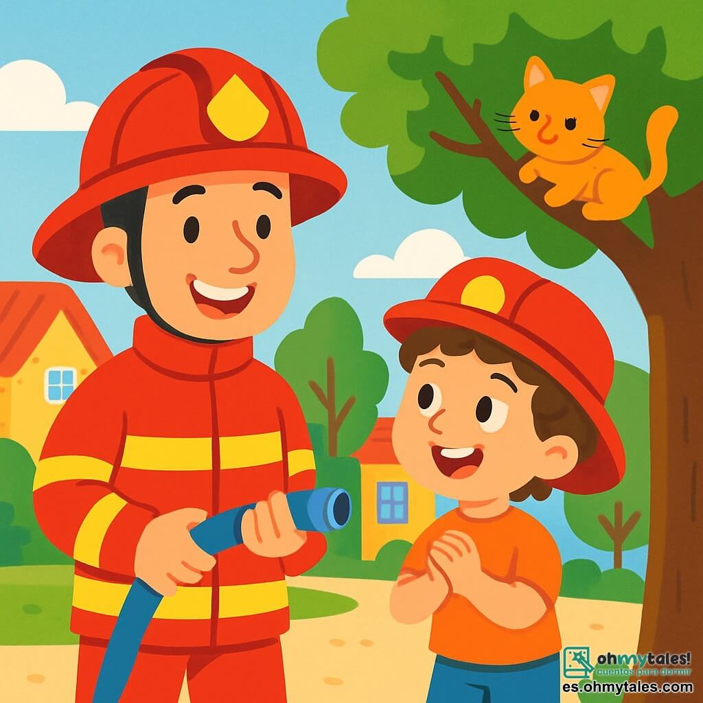Un bombero sonriente, un hombre de unos treinta años, lleva un gran casco rojo y un uniforme brillante. Su rostro irradia orgullo y determinación mientras sostiene una pequeña manguera. A su lado, un niño de 7 años, con cabello rizado y una gorra de bombero, mira con asombro, los ojos abiertos de alegría. Se encuentran en una bonita plaza del pueblo, rodeada de casas coloridas y árboles verdes. Al fondo, un pequeño gatito está posado en una rama, maullando suavemente, mientras el sol brilla en un cielo azul claro. La escena muestra al bombero y al niño ayudando al gatito a bajar del árbol, ilustrando el espíritu de ayuda y aventura.
