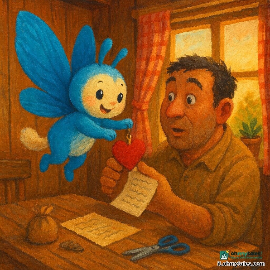 Il protagonista è Lumo, piccola creatura volante con ali di carta velina blu brillante e coda soffice color crema, volto rotondo e sorriso timido, che salta gioiosa nelle braccia del padre tenendo un portachiavi a forma di cuore in feltro rosso; il personaggio secondario è Rino, uomo alto dal corpo morbido come un cuscino, pelle abbronzata e mani leggermente terrose, sorpreso e commosso, inginocchiato vicino a un tavolo di legno mentre tiene delicatamente il cuore e legge una lista manoscritta; sul tavolo rustico una carta ingiallita con scritte, un piccolo sacchetto di semi e delle forbici accanto alla finestra; ambientazione: cucina di una casetta di legno ai margini del bosco con assi in vista, tenda a quadretti rossi, luce dorata del tramonto che entra dalla finestra e vasi di fiori sul davanzale; situazione: momento tenero della consegna del regalo, Lumo salta nelle braccia di Rino e i due sorridono, il portachiavi con una piccola tasca per semi pende davanti alla finestra, atmosfera calda e colori caldi; stile visivo: pittura acrilica con pennellate visibili, palette calda (ocra, rosso, azzurro), texture dettagliate di feltro e legno, luce morbida e ombre lunghe.