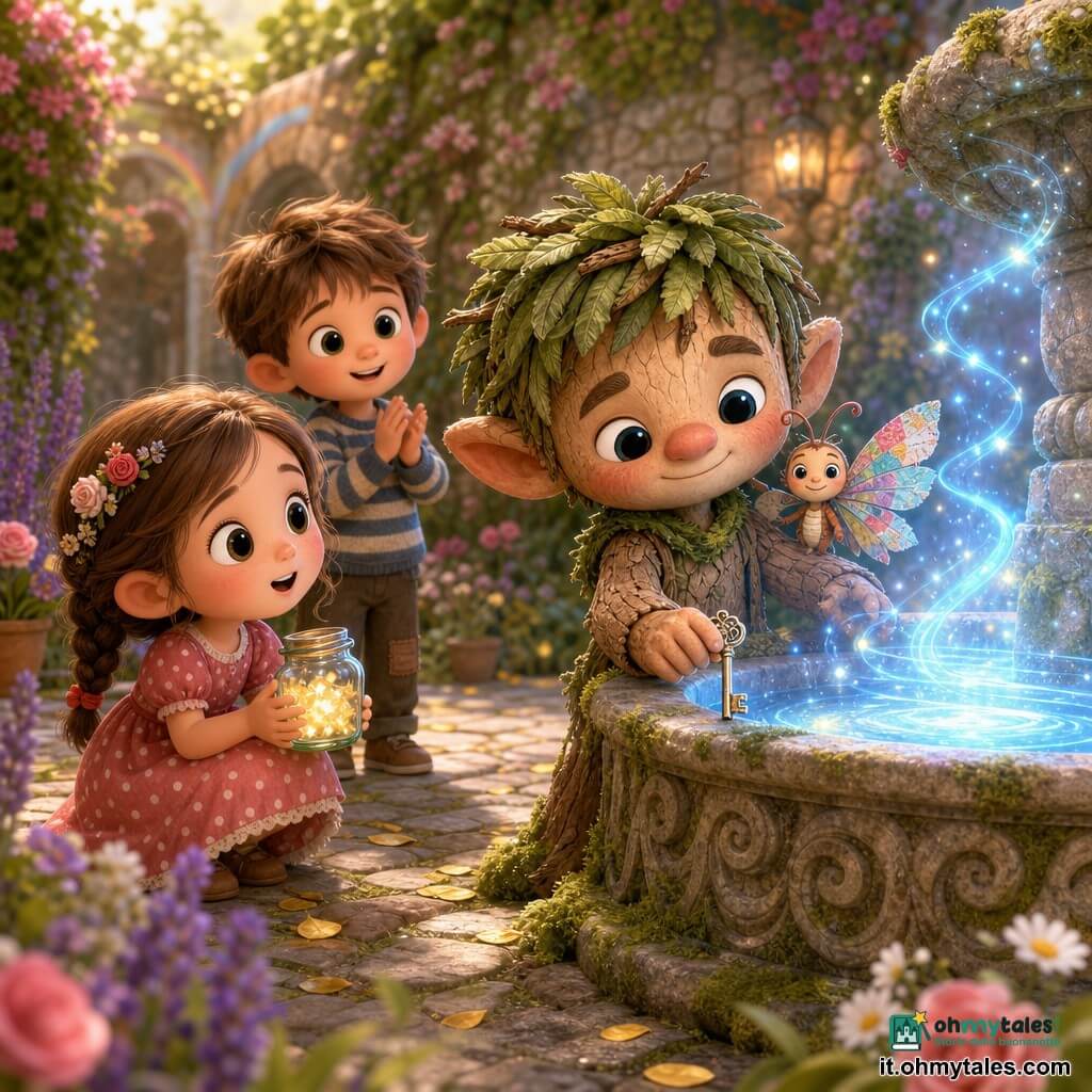 Un piccolo troll maschio di nome Berto, dall'aspetto dolce e coraggioso, pelle color corteccia chiara, capelli verdi a ciocche di foglie e sorriso timido, posa una piccola chiave d'argento sul bordo di una fontana di pietra; una creatura-farfalla con ali di carta colorata è sulla sua spalla destra, una bambina di circa 6 anni con vestito a pois e capelli intrecciati, accovacciata a sinistra della fontana, tiene un barattolo pieno di stelle e ha lo sguardo meravigliato, dietro di lei un bambino di circa 7 anni in maglione a righe applaude con occhi pieni di ammirazione; il giardino è chiuso con muri coperti di muschio, vialetti di pietre antiche e fiori colorati attorno alla fontana scolpita, e la chiave attiva la Luce del Sogno: una dolce luce blu esce dalla fontana in volute scintillanti, illuminando i volti con piccole particelle brillanti e arcobaleni delicati.