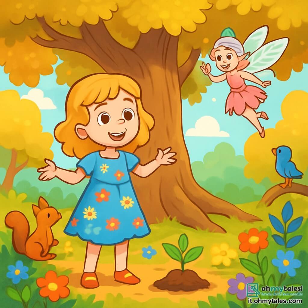 Al centro dell'immagine, Livia, una ragazza di 10 anni, è in piedi con un sorriso radioso e occhi pieni di curiosità. Ha capelli dorati che cadono in morbide onde attorno al viso e indossa un vestito leggero di cotone blu, decorato con fiori colorati. I suoi bracci sono aperti, come se stesse accogliendo la magia che la circonda. Alla sua destra, Miralia, una piccola fata con ali scintillanti, vola gioiosamente. Misura appena 15 centimetri, con capelli argentati e un vestito fatto di petali di fiori. I suoi occhi brillano di eccitazione mentre mostra a Livia il cammino da seguire. Il paesaggio è una splendida radura soleggiata, circondata da alberi maestosi con tronchi spessi e foglie dorate che scintillano sotto i raggi del sole. Fiori vivaci di tutti i colori coprono il terreno, e un grande albero antico, con un tronco largo e nodoso, si erge al centro, con radici intrecciate come braccia protettive. La scena principale mostra Livia e Miralia pronte a piantare un seme magico ai piedi dell'albero antico, mentre creature incantate, come scoiattoli dalle code fiammeggianti e uccelli dalle piume brillanti, le osservano con curiosità. Livia, piena di speranza e determinazione, è sul punto di far germogliare la magia del giardino delle fate.