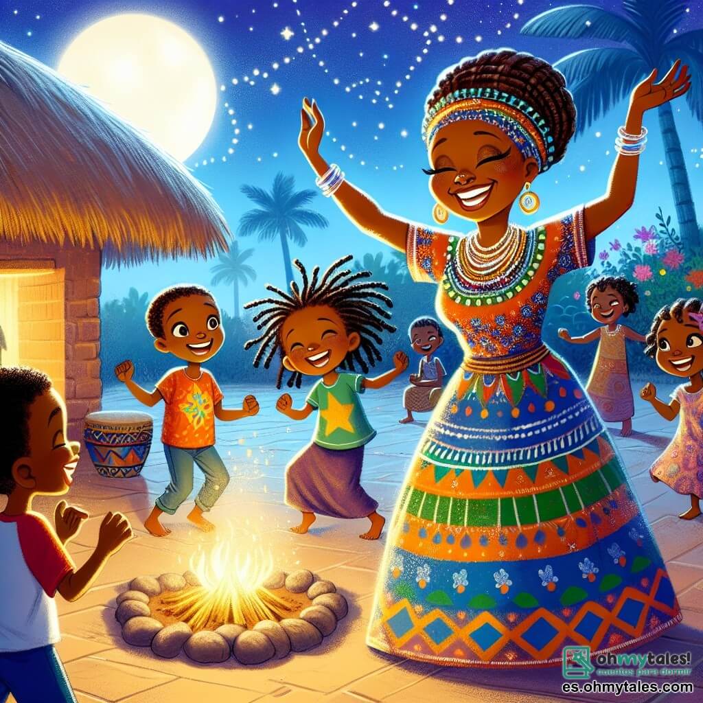 Amani, una mujer africana de unos cuarenta años, se encuentra en el centro de la escena, radiante y sonriente, vestida con un hermoso vestido colorido adornado con motivos tradicionales. Su cabello está trenzado con cuidado y desprende una aura de sabiduría y calidez. Ella baila alegremente alrededor de una gran fogata, rodeada de niños. Entre los niños, un niño de 8 años, con cabello rizado y ojos brillantes, lleva una camiseta de colores vivos y ríe mientras aplaude al ritmo de la música. Una niña de 7 años, con trenzas y un vestido de tela africana, se acerca a Amani, levantando los brazos para imitarla en su danza. La escena se desarrolla en un pintoresco pueblo africano, donde casas de barro con techos de paja están rodeadas de palmeras y flores coloridas. La noche está estrellada, y la luz de la luna ilumina la alegre reunión alrededor del fuego. La situación principal muestra a Amani y a los niños celebrando la diversidad de sus culturas a través de la danza y las risas, creando una atmósfera de alegría y comunidad bajo el cielo estrellado.