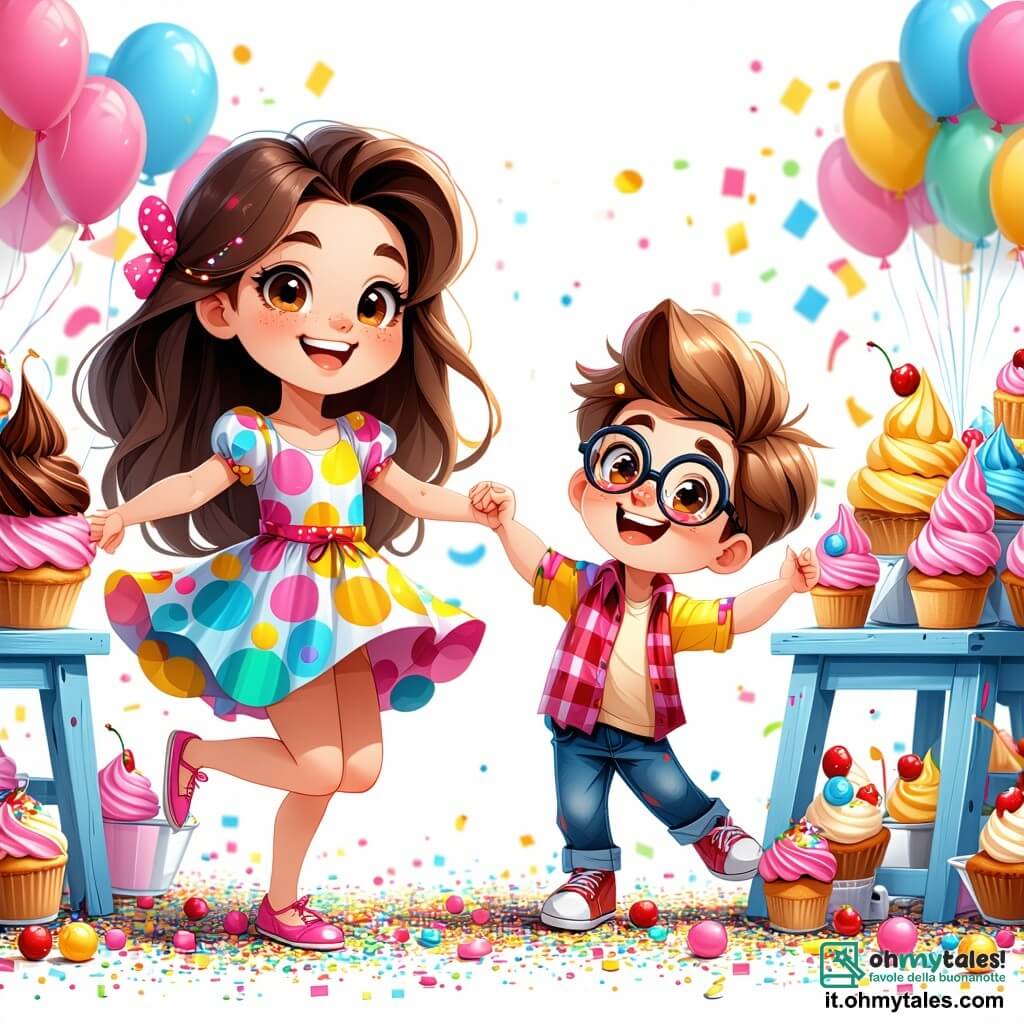 Una ragazza di 10 anni, Sofia, con lunghi capelli castani e occhi brillanti di curiosità, balla felicemente in mezzo a una festa colorata di gelati. Indossa un vestito a pois multicolori e un grande sorriso illumina il suo viso, mostrando la sua eccitazione. Accanto a lei, Marco, un ragazzo di 9 anni con capelli biondi disordinati e occhiali rotondi, ride mentre cerca di seguire il ritmo dei gelati. Indossa una maglietta verde e pantaloni corti blu. Giulia, una ragazza di 10 anni con capelli rossi e trecce, applaude con entusiasmo, vestita con una gonna rosa e una maglietta gialla, un po' in disparte ma piena di energia. La scena si svolge in una radura incantata, circondata da alberi con foglie scintillanti, dove gelati di tutti i colori danzano e cantano attorno a un grande cono di gelato decorato con glitter. Lampi di luce e coriandoli fluttuano nell'aria, creando un'atmosfera festosa e magica. La situazione principale mostra Sofia e i suoi amici che si divertono a una festa incredibile con gelati danzanti, pieni di gioia e meraviglia, celebrando la loro amicizia e il loro amore per il gelato.
