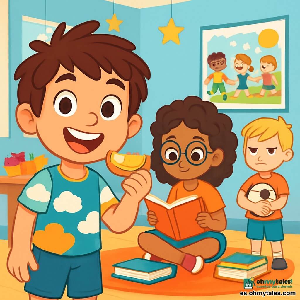 Un niño de 8 años, Mateo, con cabello castaño desordenado y ojos brillantes de curiosidad, sonríe alegremente mientras sostiene una rodaja de manzana con queso. Lleva una camiseta colorida con motivos de nubes y un short azul. A su lado, su mejor amiga Lila, una niña de 8 años con cabello rizado y gafas redondas, lee un libro con una expresión concentrada, sentada sobre una suave alfombra. Más lejos, Bruno, un niño de 9 años con cabello rubio y una actitud algo mohína, observa a los demás mientras sostiene un balón de fútbol, con los brazos cruzados. La escena tiene lugar en un salón polivalente luminoso, con paredes pintadas de azul claro, ventanas que dejan entrar la luz del sol y mesas decoradas con frutas coloridas y pasteles. Al fondo, hay un gran cartel con dibujos de niños jugando juntos. La situación principal muestra a Mateo y sus amigos compartiendo una merienda alegre, rodeados de libros y risas, con estrellas de papel colgadas del techo que simbolizan sus ideas de compartir y tolerancia.