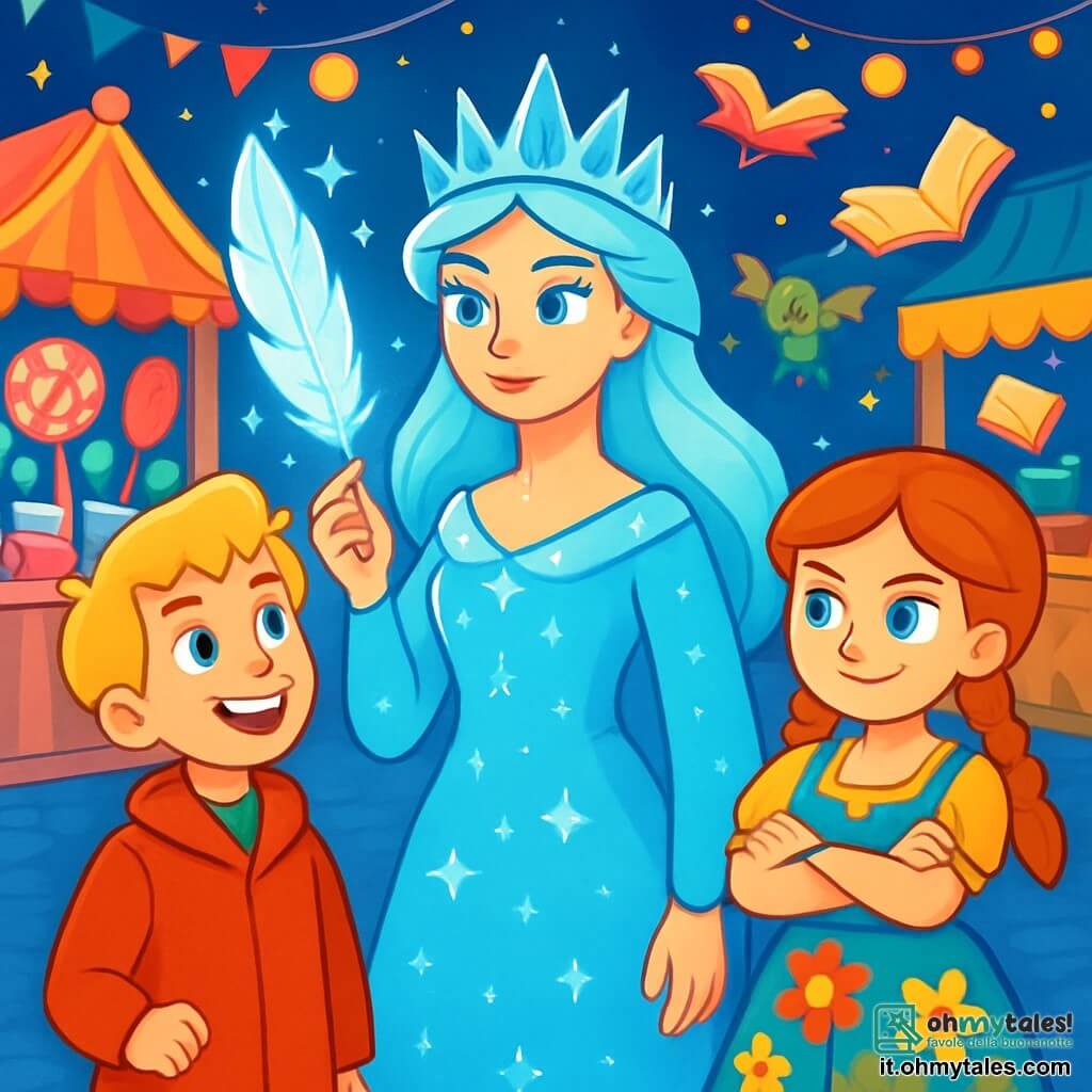 La regina delle nevi, una donna maestosa di bellezza splendente, indossa un abito fluido di un blu gelido punteggiato di cristalli scintillanti. Il suo viso è dolce ma determinato, con occhi blu profondi che brillano di emozione, mentre tiene una penna magica nella mano, pronta a riscrivere le storie. Accanto a lei, Kay, un ragazzo di circa 10 anni con capelli biondi e occhi vivaci, sorride con entusiasmo. Indossa un cappotto di lana rossa che contrasta con il paesaggio ghiacciato, guardando la regina con ammirazione, pronto ad aiutarla nella sua missione. Gerda, una ragazza di 9 anni con capelli rossi e trecce vivaci, si trova un po' indietro, con le braccia incrociate, mostrando un'espressione di determinazione. Indossa un vestito colorato decorato con fiori, simboleggiando il suo spirito libero e coraggioso. La scena si svolge nel Mercato delle Meraviglie, un mercato incantato pieno di banchi colorati, creature fantastiche e luci scintillanti. Bancarelle di dolci dai colori vivaci e libri volanti fluttuano intorno a loro, creando un'atmosfera magica e gioiosa. La regina delle nevi, con la penna magica in mano, si prepara a trasformare le storie del mercato, mentre Kay e Gerda la incoraggiano, i loro volti illuminati dall'eccitazione e dalla speranza di un futuro migliore.