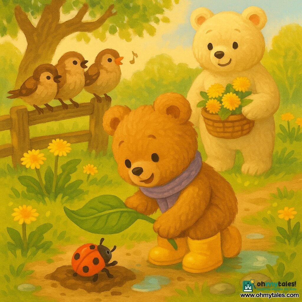 A small light-brown teddy, kneeling with an attentive joyful face, wearing yellow boots and a lavender scarf, uses a large green leaf to help a tiny bright-orange, black-spotted ladybug flipped on its back on a speck of soil in the foreground; behind them a larger cream-furred mother bear with a tender smile holds a wicker basket of yellow dandelions, while two or three round brown sparrows perch on an old wooden fence to the left, heads tilted and singing; the spring garden setting has wet green grass with tiny shiny puddles, a gnarled oak, clumps of dandelions, smooth stones and a dirt path bathed in soft golden light, capturing a calm, tender moment as everyone watches and smiles in warm spring colors.