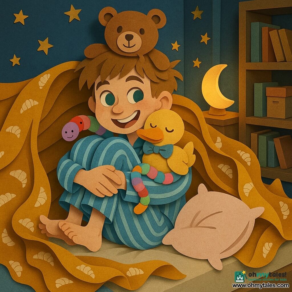 A joyful, slightly giggling 10-year-old boy with messy light brown hair and bright green eyes, in blue-and-white striped pajamas, is curled into a crescent on his bed with arms around his knees; a shiny mustard blanket patterned with small white croissants wraps around him in dramatic folds, a pale pink fluffy pillow slides near his feet, a 20 cm brown teddy (Mr. Bear) sits on his head like a playful hat, a bright yellow plush duck with a blue bow (Sir Duckington) is tucked under his chin, and a long colorful worm doll (Princess Wiggly Worm) coils around his arm; the warm, childlike room has navy walls with painted stars, a light wood shelf of books and boxes, and a moon-shaped bedside lamp casting soft golden light, creating a funny, peaceful, dynamic scene with crisp fabric folds, soft shadows, and visible paper-cut textures.