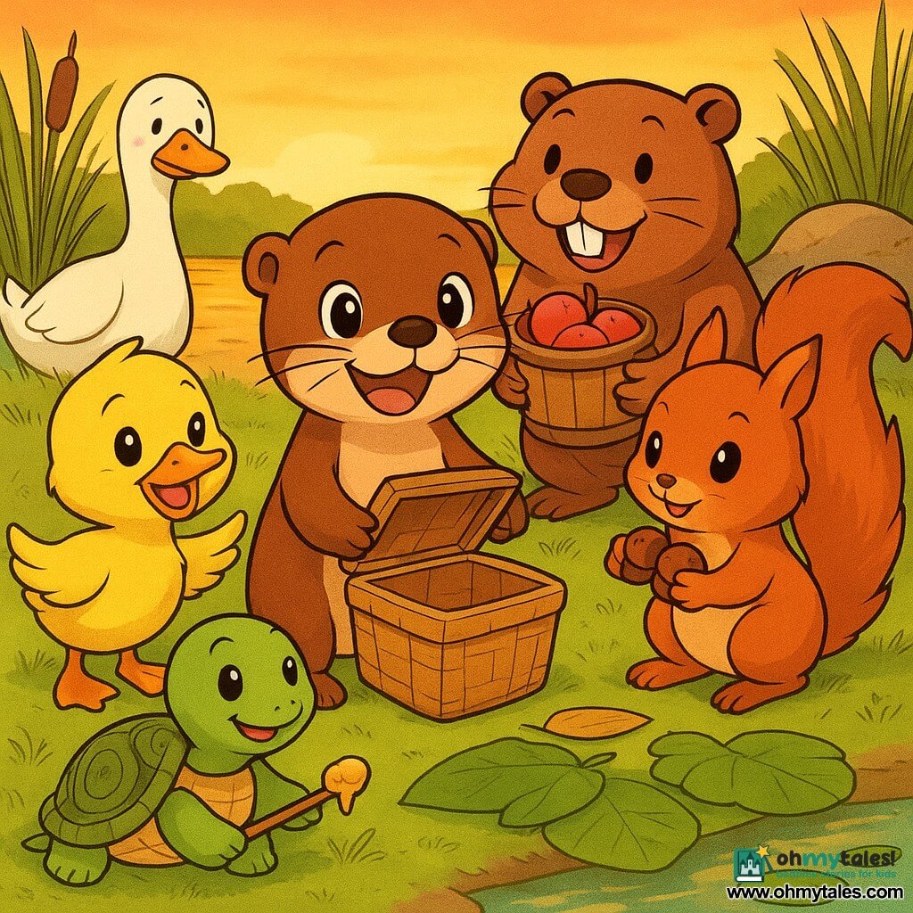 Sunny the little otter stands center, joyful and mischievous with shiny brown fur and twitching whiskers, holding an open empty basket and smiling in surprise; to the left Mila the yellow duckling flutters an amused wing, to the right Pip the red squirrel peers into the basket holding hazelnuts, Bea the brown beaver stands behind with a bucket of apples, Toto the green turtle sits front offering a stick of honey on a leaf, and Gus the white goose hides in the reeds with a sheepish, full bill; they are on a bright pond shore at dusk with calm orange-reflecting water, large lily pads, reeds and a flat rock with four colorful cloths, sharing an improvised snack on leaves after discovering the rolls disappeared, close together with warm, vivid colors, soft lines and rounded shapes.