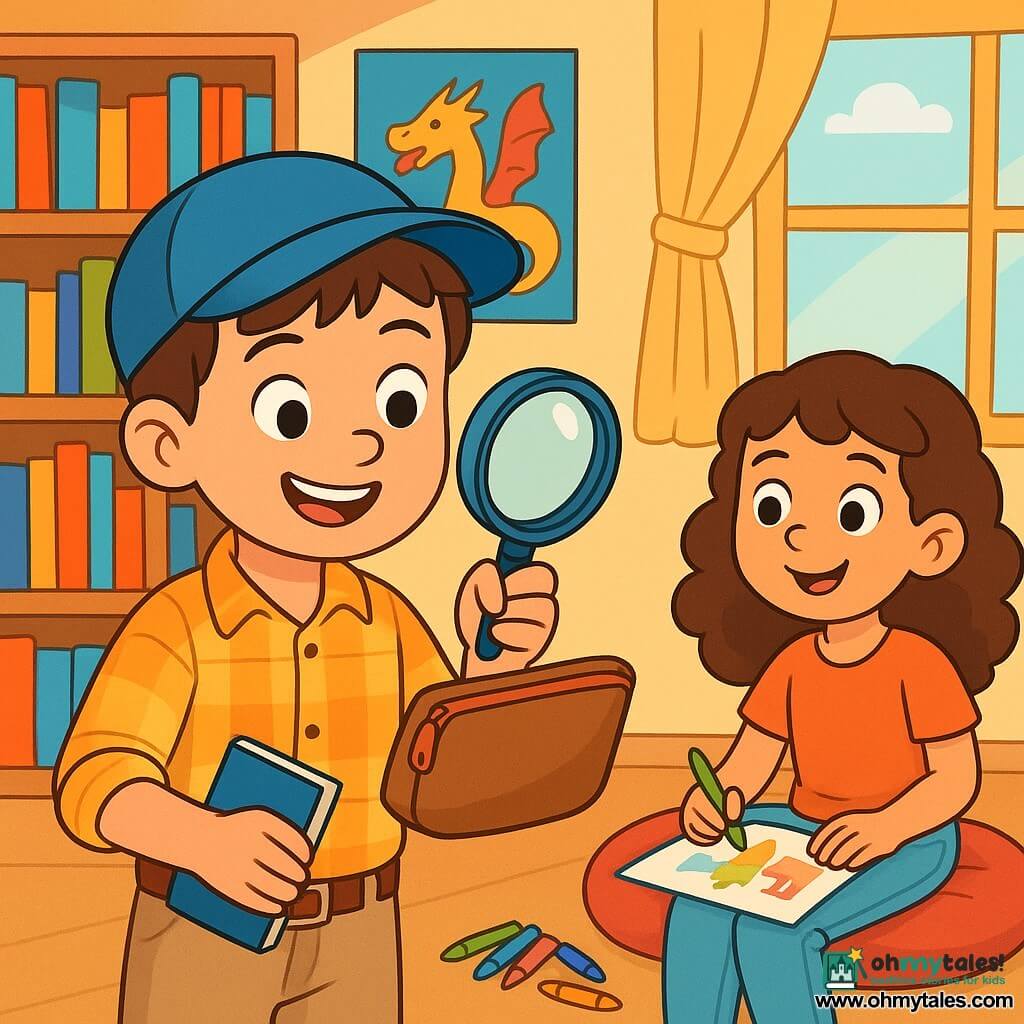 A young boy named Elliot, around 10 years old, stands in the center of the scene with a determined smile on his face. He wears a blue cap, a plaid shirt, and beige pants, holding a magnifying glass in his right hand and a small blue notebook in his left. Next to him, a 9-year-old girl named Mia, with curly brown hair, sits on a cushion coloring with crayons, looking at Elliot with admiration. In the background, a bright library filled with wooden shelves loaded with colorful books and fairy tale posters decorates the walls, while a large window lets in sunlight. The main scene shows Elliot examining a small brown bag with a red zipper, while Mia encourages him, creating an atmosphere of mystery and adventure.
