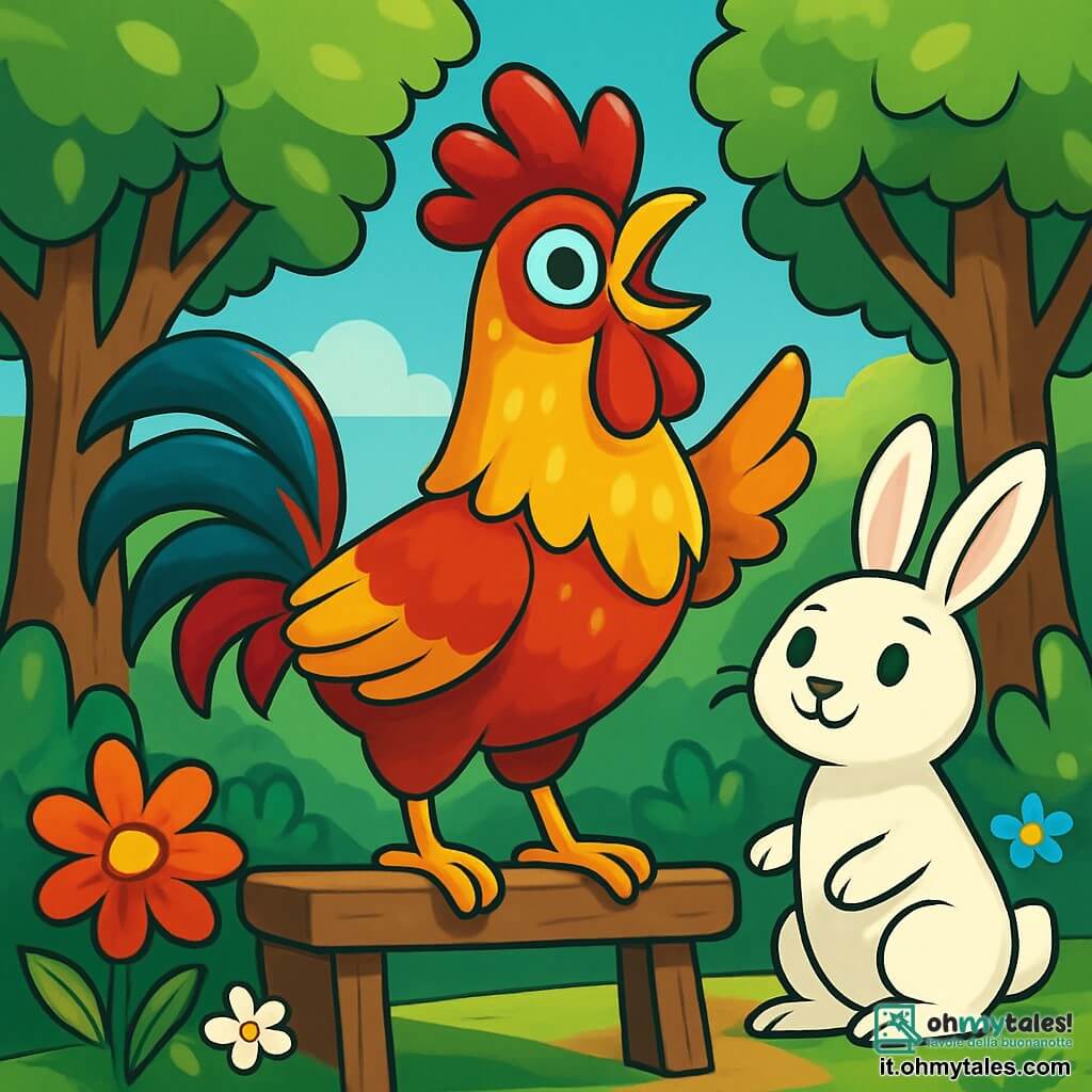 Un gallo dalle piume flamboyanti, che mescolano tonalità di rosso brillante e oro scintillante, si erge fiero su una stalla di legno, con uno sguardo determinato e gioioso. Canta con entusiasmo, le ali leggermente spiegate, come se volesse abbracciare il mondo intorno a lui. Accanto a lui, una piccola lepre bianca dagli occhi rotondi e curiosi osserva con un sorriso incoraggiante, pronta ad accompagnarlo nella sua avventura. Sullo sfondo, una foresta incantata con alberi maestosi e foglie verdi brillanti si erge, mentre fiori colorati danzano al vento. La scena trasmette un'atmosfera di magia e amicizia, mentre il gallo si prepara a attraversare il ponte delle ombre, una prova che lo porterà verso la sua grande avventura.