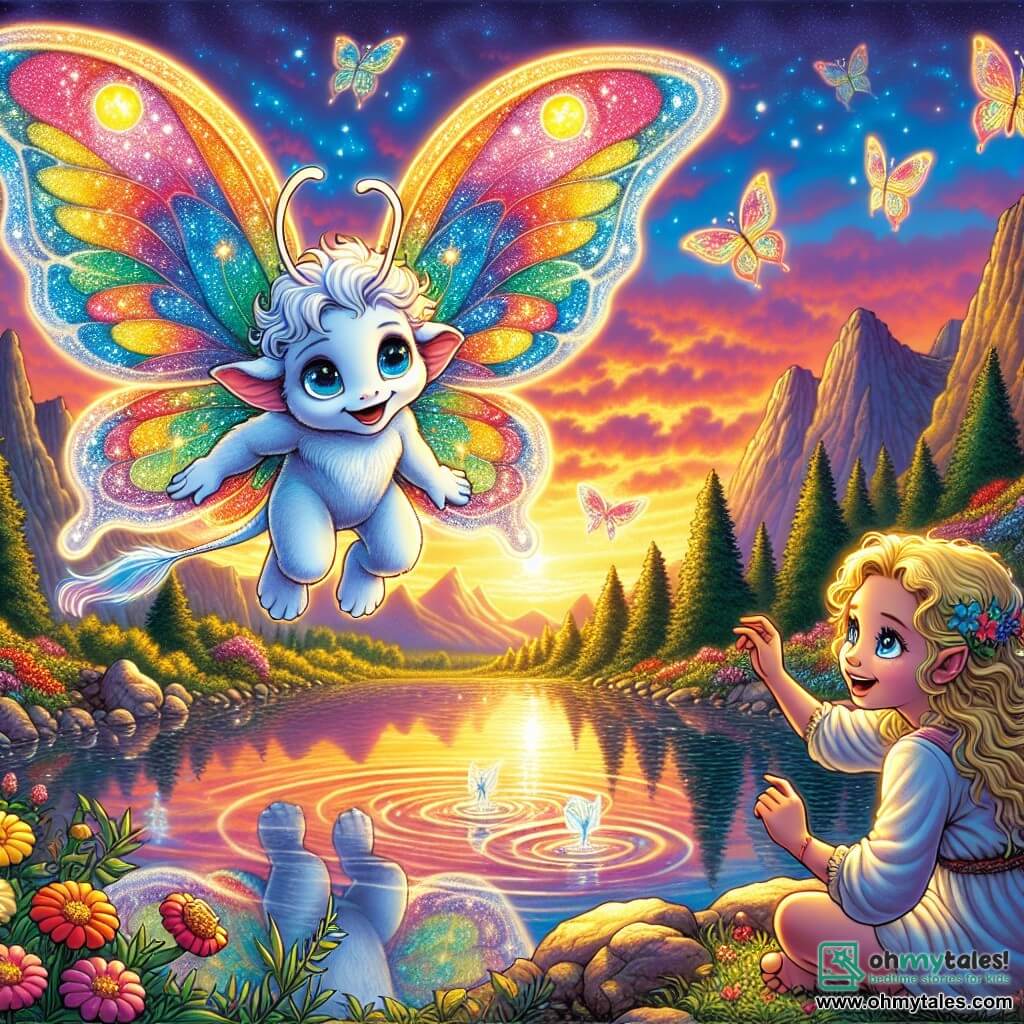 Nimbus, a Sky Whisperer with butterfly-like multicolored wings, joyfully floats in the sky, his face radiating curiosity and wonder. His deep blue eyes shine, and his tail sparkles like stars as he listens to the whispers of the wind. Next to him, a young girl named Lyra, with golden hair and sparkling eyes, sits by a crystal-clear lake. She smiles enthusiastically, throwing pebbles that create ripples in the water, her delicate hands glowing in the setting sun. The scene is set in the beautiful Valley of Reflections, where a mirror-like lake reflects a vibrant orange and pink sky, surrounded by lush green mountains and tall trees with golden leaves. Colorful wildflowers dot the ground, adding a touch of magic to the environment. The main focus shows Nimbus and Lyra sharing stories and laughter, their voices blending with the gentle whispers of nature, creating an atmosphere of discovery and joy.