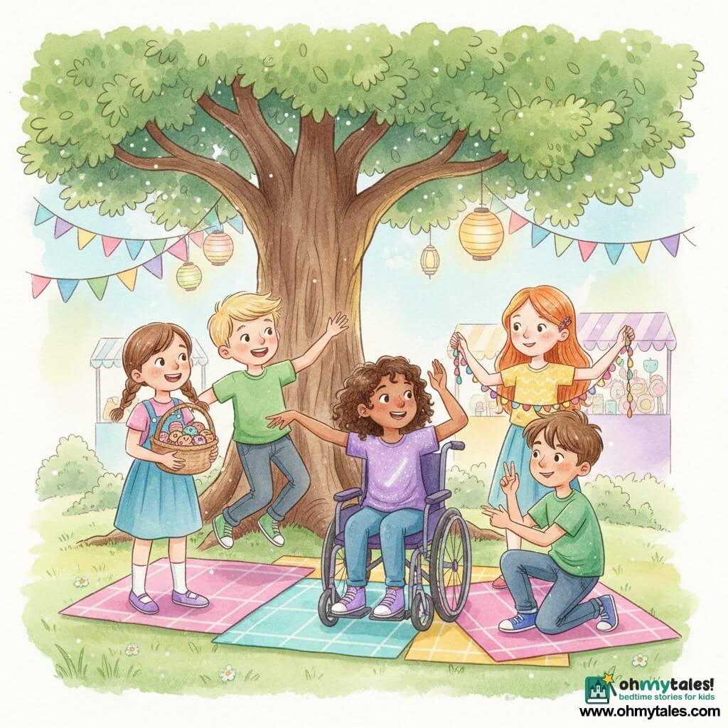 There are five children: Mia, a fair-skinned 10-year-old girl with brown pigtails standing left of the group, smiling and holding a basket of colorful cookies; Ben, a 10-year-old Caucasian boy with short blond hair next to Mia, hopping with excitement in a green T-shirt; Lucas, an 11-year-old boy with olive skin and messy brown hair crouched right front, making a playful charades gesture with a mischievous look; Sofia, a pale freckled 10-year-old redheaded girl behind the group at right holding multicolored garlands; and Amina, a slightly darker-skinned 10-year-old girl with curly hair seated in a purple wheelchair at the center wearing a shiny purple T-shirt, making a dancing arm movement with a radiant face. They are in Rainbow Valley park under a majestic oak with colorful picnic blankets, rainbow banners, festival stalls and hanging lanterns emitting soft light. The group gathers around Amina to watch and learn her dance steps in a warm, inclusive composition with joyful expressions, dynamic gestures, and a bright pastel watercolor palette (pink, turquoise, yellow, purple) with white gel-pen highlights.
