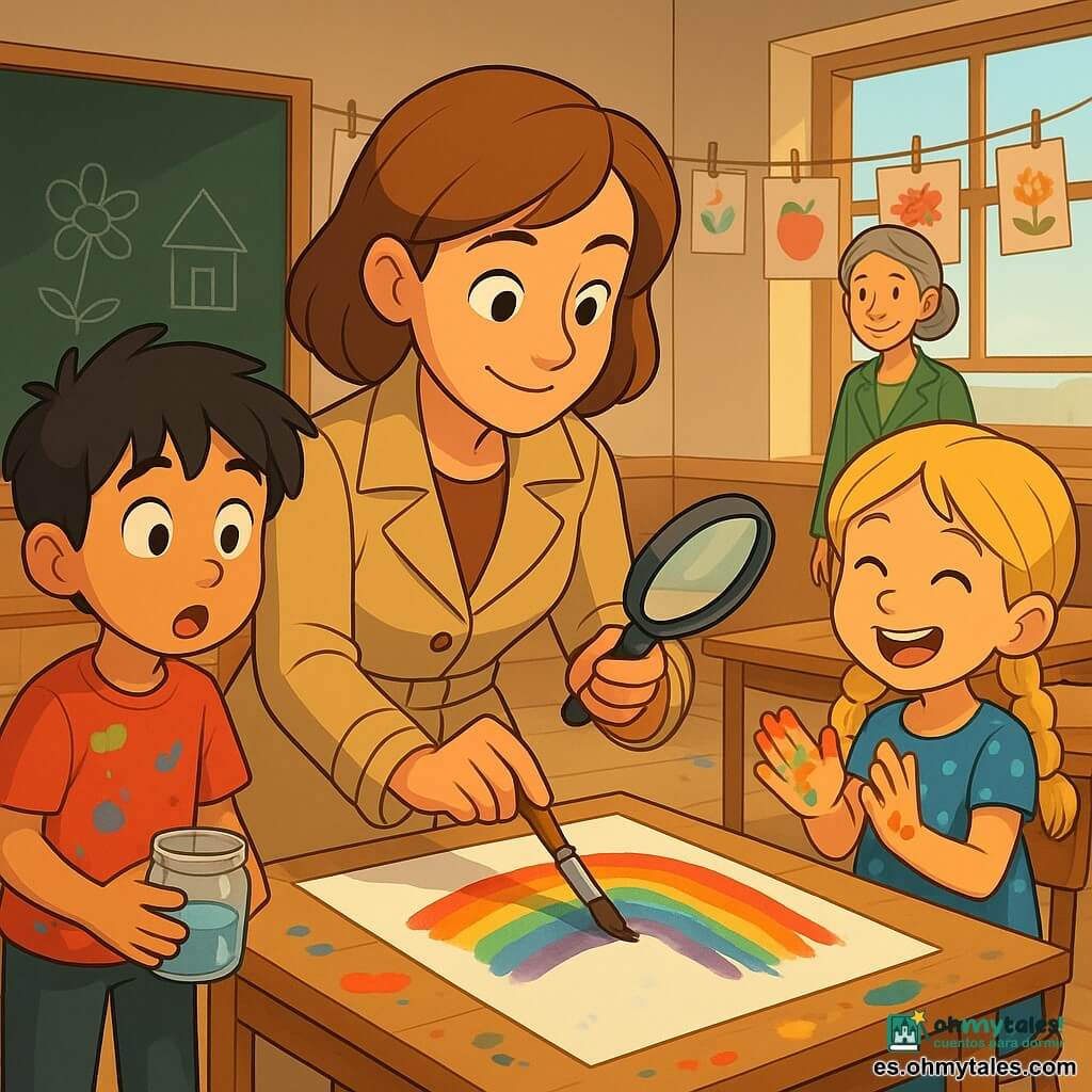 Una detective mujer, tranquila y sonriente, cabello castaño corto, abrigo beige y lupa, inclina sobre un dibujo humedeciéndolo con un pincel; un niño de unos 8 años (Pedro) con pelo negro y camiseta roja manchada de pintura sostiene un bote vacío, una niña de unos 8 años (Ana) con trenzas rubias y vestido azul de lunares aplaude con manos manchadas, la directora (mujer de unos 45 años, cabello gris recogido, chaqueta verde) sonríe al fondo junto a la puerta; aula luminosa con dibujos colgados, mesas de madera y salpicaduras de pintura; la detective aplica agua y colores vivos reaparecen en amplios trazos arcoíris, niños maravillados, ambiente cálido y mágico explicado por la ciencia.