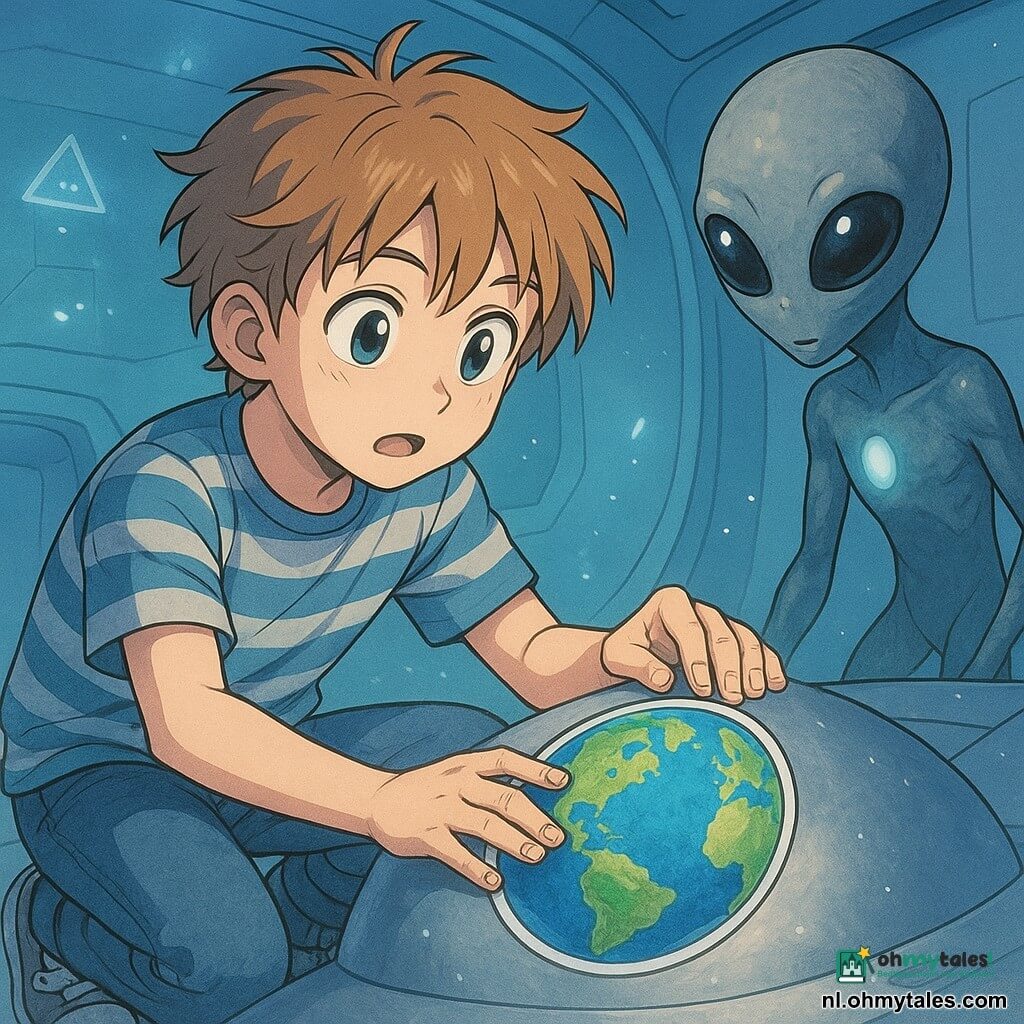 12‑jarige jongen met expressief gezicht en grote ogen, mengeling van verwondering en concentratie, lichtbruin warrig haar, gestreept T‑shirt en jeans, gehurkt terwijl hij voorzichtig een grote blauwgroene aarde‑sticker op een glad zilverkleurig paneel drukt; secundair personage Luu, slank niet‑menselijk silhouet met glanzende natsteen‑kleurige huid, grote ovale zwarte ogen en fijne handen, nieuwsgierig voorovergebogen achter de jongen met een pulserend rond vertaallampje op de borst; binnenin de cabine van een klein zilveren schip met gladde lichtblauwe wanden, zacht fosforescerend licht en holografische symbolen boven het paneel en lichte lichtnevel; intiem, rustig moment dat de verbinding tussen twee werelden toont — bijna aanraking van handen, reflectie van de planeet op het metaal en zwevende lichtdeeltjes; sfeer in pasteltinten met metallische reflecties, warm‑koud contrast, nette mangalijnen, overdreven maar tedere gelaatsuitdrukkingen, compositie gecentreerd op handen en sticker.