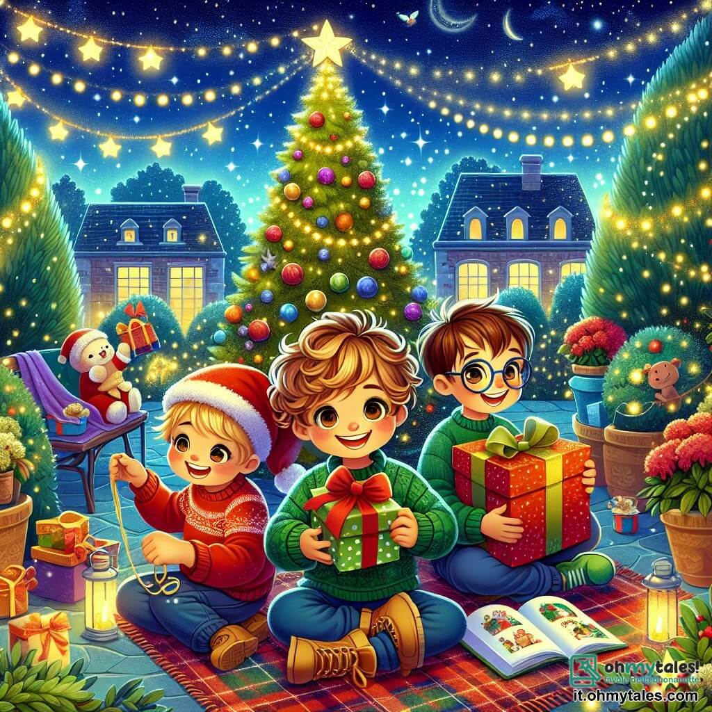 Nel giardino di un orfanotrofio decorato per Natale, tre bambini sono insieme, pieni di gioia. Marco, un ragazzo di 11 anni con capelli castani e ricci, indossa un cappello di Natale rosso e un maglione verde, sorridendo mentre tiene una grande scatola regalo. Alla sua destra, Luca, un ragazzo atletico di 10 anni con capelli biondi e occhi vivaci, decora un albero di Natale con festoni colorati. A sinistra, Tommaso, un sognatore di 11 anni con capelli castani e occhiali rotondi, sfoglia un libro di fiabe di Natale, seduto su una coperta a quadri. Il giardino è pieno di luci scintillanti, fiocchi di neve che cadono dolcemente e un grande albero decorato al centro, circondato da piccoli regali. Le stelle brillano nel cielo notturno, aggiungendo un tocco magico alla scena. I bambini si preparano a organizzare un grande evento di Natale per portare gioia agli anziani del loro quartiere, con sorrisi e risate che illuminano l'atmosfera festiva.
