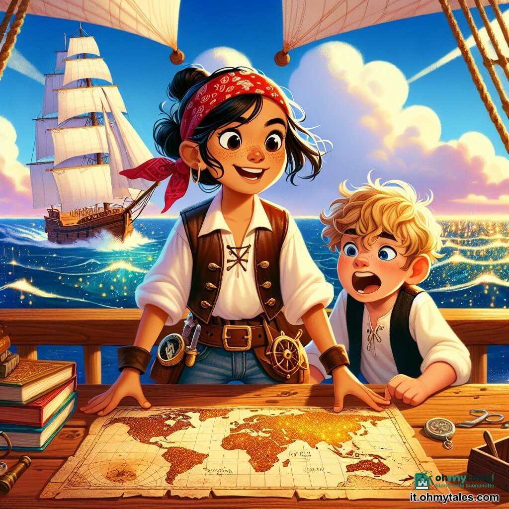 Isadora, una giovane piratessa dai capelli neri come l'ebano, si erge fiera sul ponte della sua nave, la "Stella dei Mari". Il suo volto è illuminato da un sorriso di eccitazione, i suoi occhi brillano d'avventura e il suo bandana rosso sventola nel vento. Indossa una camicia bianca ampia e un gilet di pelle consumato, con una cintura decorata da piccoli strumenti di navigazione. Accanto a lei, Miguel, un ragazzo di circa 10 anni con i capelli biondi e ricci, guarda il mappamondo con occhi sgranati. È piegato sulla tavola di legno, le mani tremanti di entusiasmo, mentre Isadora gli mostra la mappa del tesoro. Il luogo è un ponte di nave in legno, con vele bianche gonfiate dal vento e un cielo blu brillante punteggiato di nuvole bianche. L'oceano scintilla sotto il sole, creando riflessi dorati sulle onde. La scena principale mostra Isadora e Miguel che scoprono una mappa del tesoro antica, i loro volti radiosi di eccitazione e attesa, pronti a intraprendere una nuova avventura piena di misteri e scoperte.