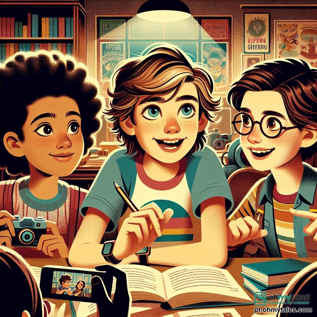 Um garoto de 12 anos, Guilherme, com cabelos castanhos e despenteados, e olhos brilhantes de curiosidade, está no centro da imagem. Ele usa uma camiseta colorida e um jeans, exibindo uma expressão de determinação e entusiasmo enquanto fala com paixão com seus amigos. À sua direita, Sofia, uma menina de 11 anos, com cabelos longos e lisos, usando óculos e um sorriso cativante, anota em um caderno, pronta para organizar suas ideias. À sua esquerda, Pedro, um garoto de 12 anos com cabelos curtos e cacheados, com um olhar sonhador, segura uma câmera, capturando os momentos de sua aventura. O ambiente é uma biblioteca acolhedora, com prateleiras cheias de livros coloridos, luzes suaves e cartazes nas paredes evocando temas de solidariedade e ajuda mútua. A cena principal mostra Guilherme e seus amigos em plena discussão, cercados de livros, planejando uma campanha de arrecadação para ajudar crianças desfavorecidas de sua comunidade, ilustrando seu compromisso e espírito de equipe.